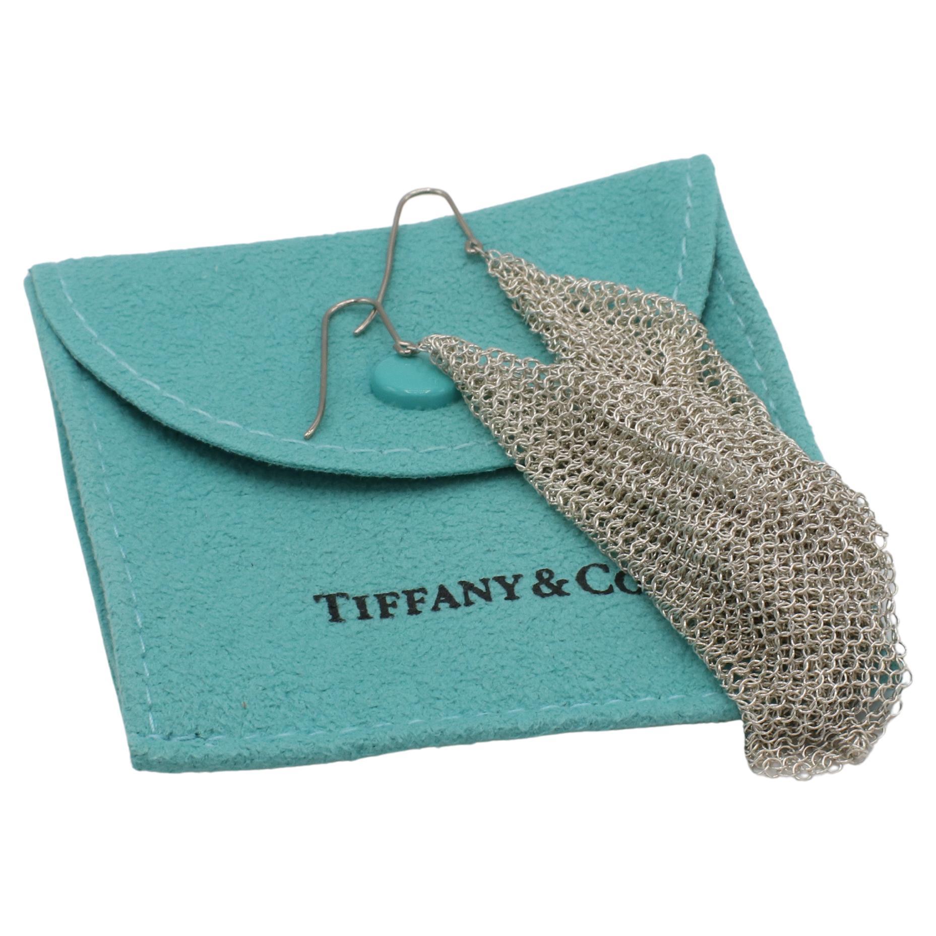 Tiffany & Co. Elsa Peretti Sterling Silver Mesh Scarf Dangle Drop Earrings In Excellent Condition In  Baltimore, MD