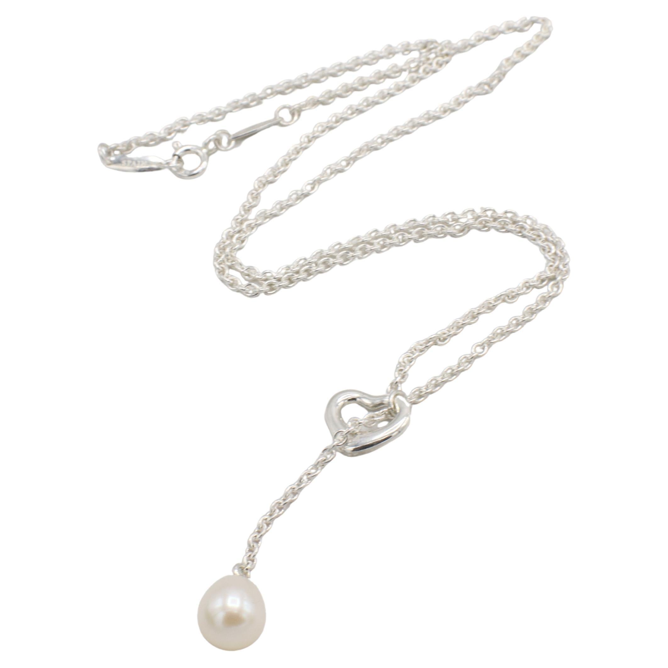 Moderne Tiffany & Co. Collier Lariat Elsa Peretti en argent sterling avec perles en forme de cœur ouvert en vente