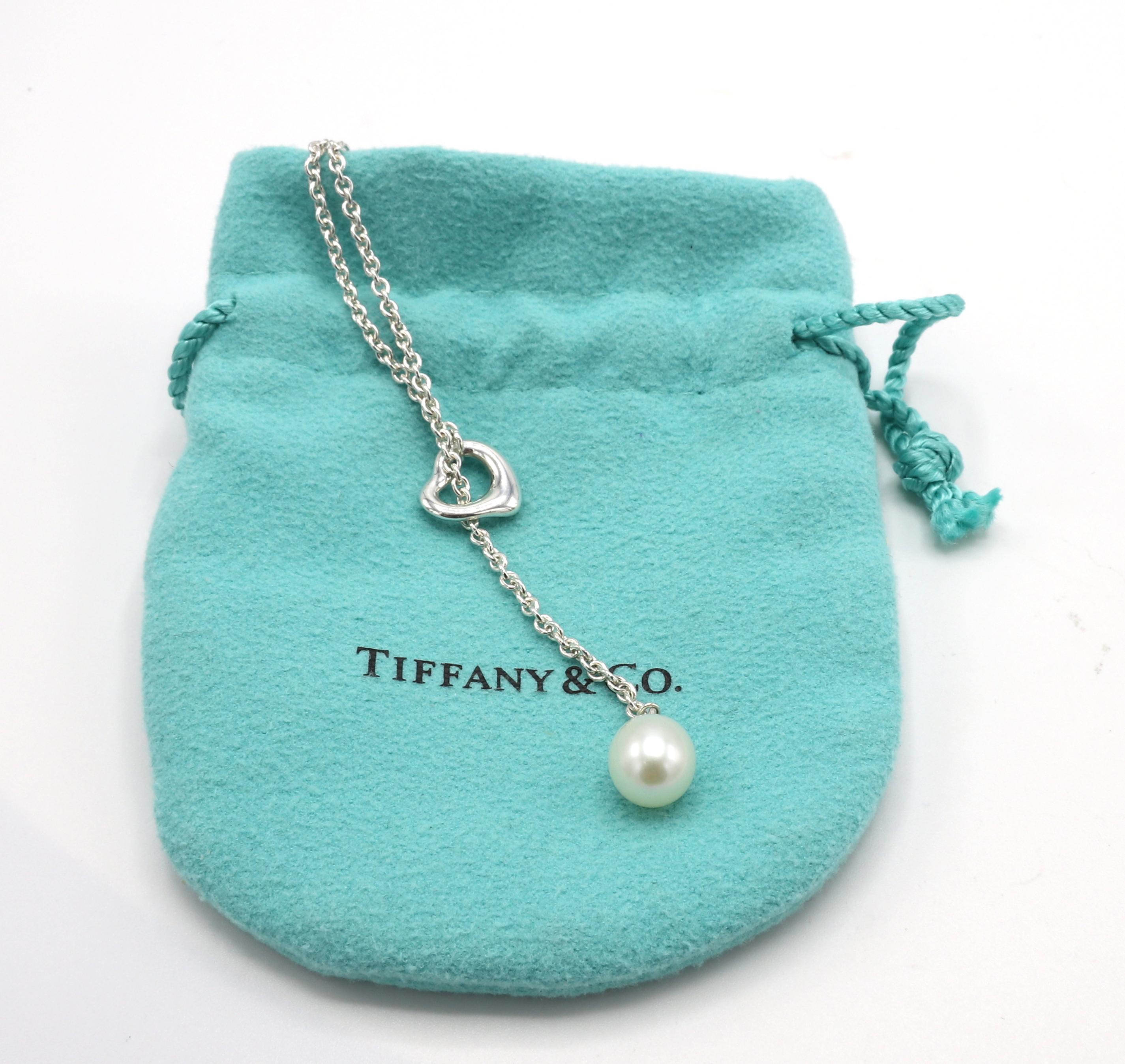Modern Tiffany & Co. Elsa Peretti Sterling Silver Open Heart Pearl Lariat Drop Necklace
