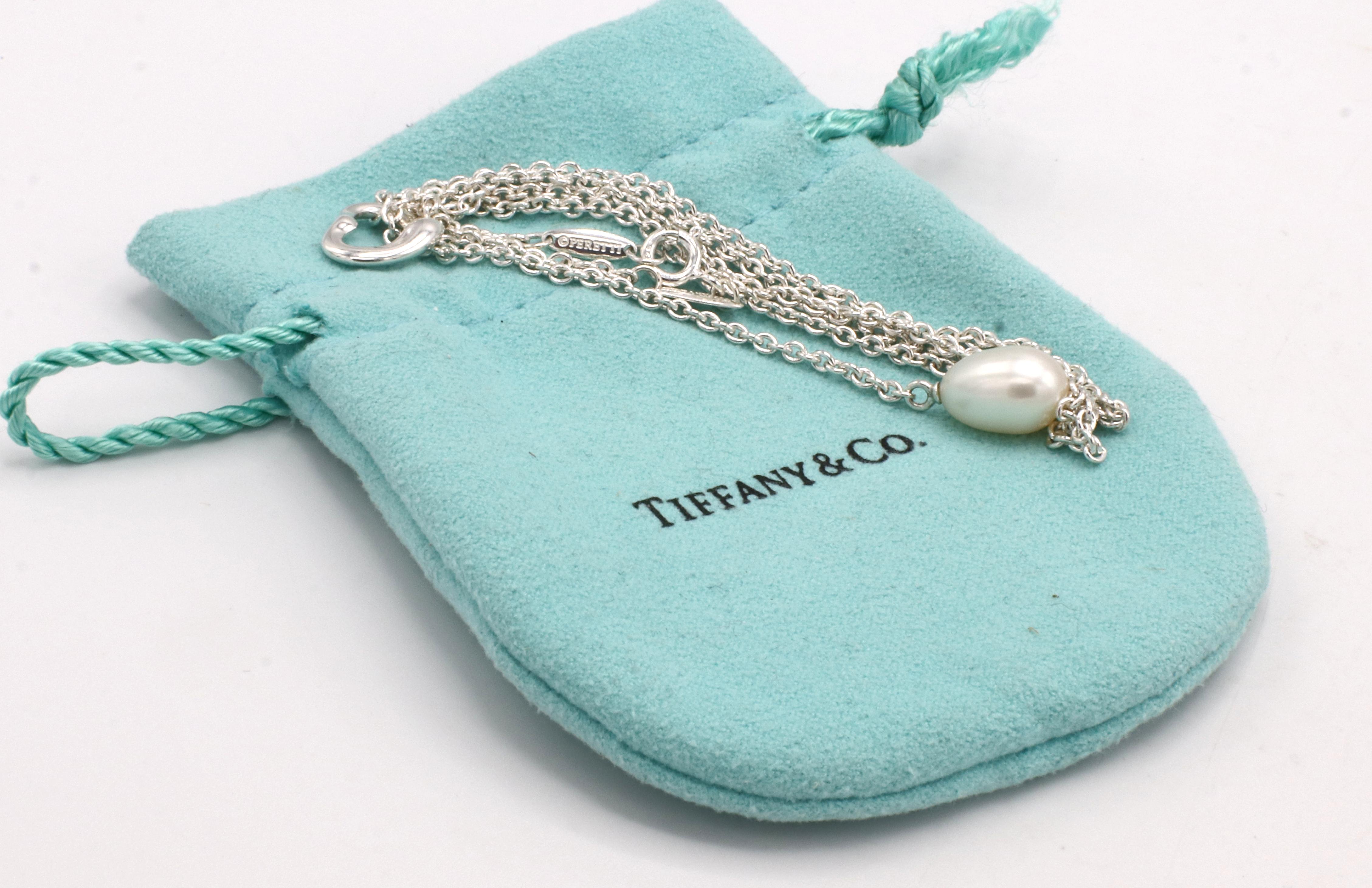 Modern Tiffany & Co. Elsa Peretti Sterling Silver Open Heart Pearl Lariat Necklace 
