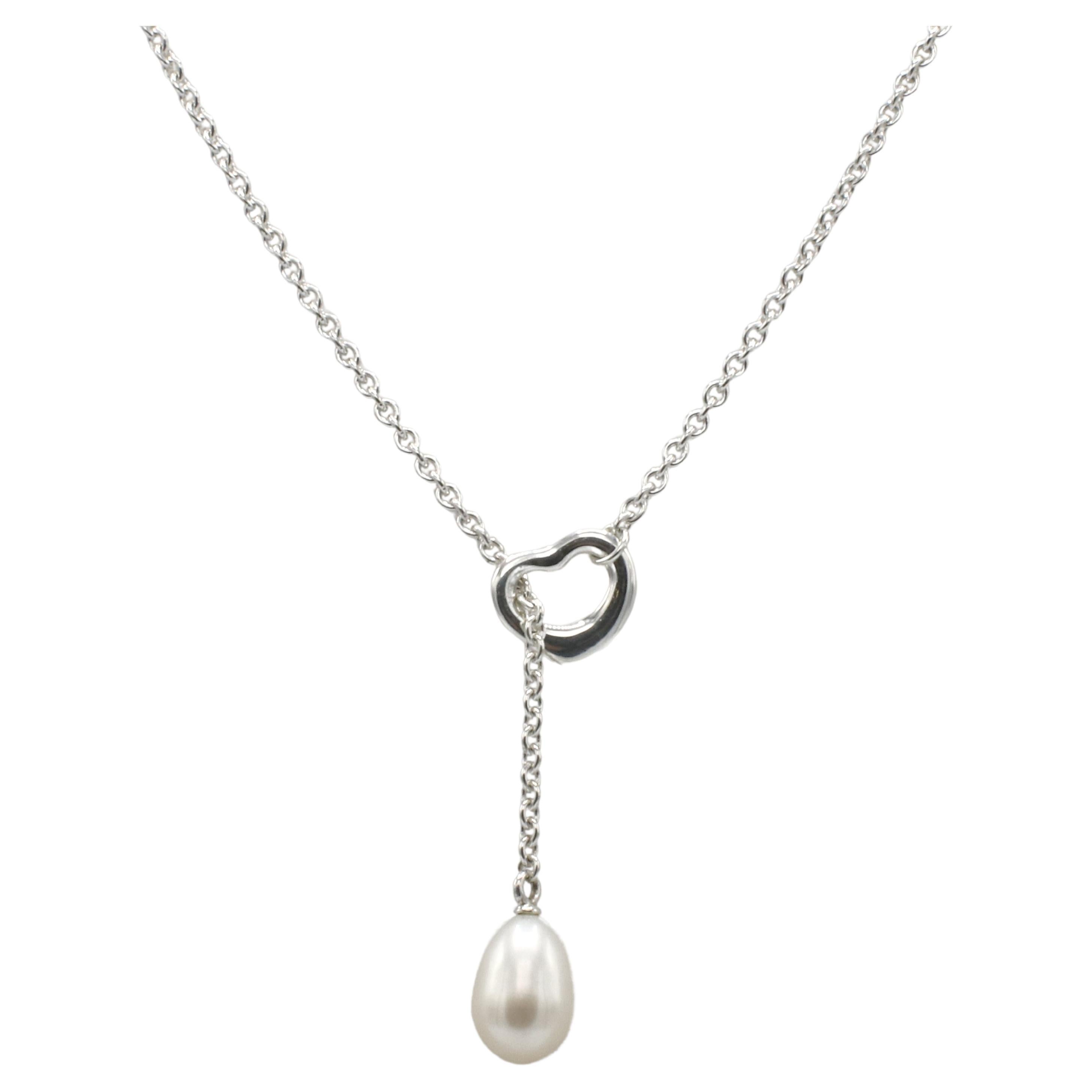Tiffany & Co. Elsa Peretti Sterling Silver Open Heart Pearl Lariat Necklace 