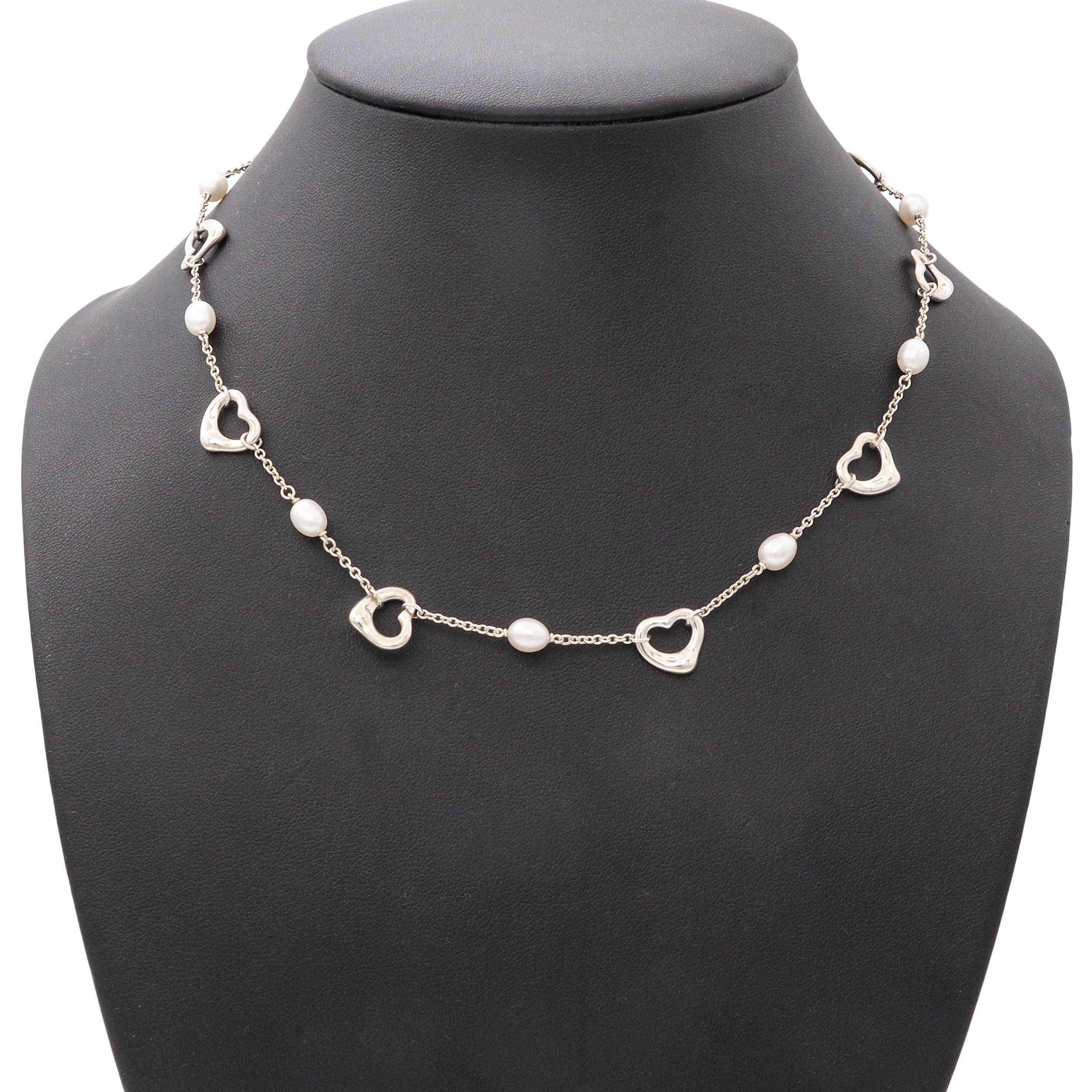 Bead Tiffany & Co. Elsa Peretti Sterling Silver & Pearl Open Heart Necklace For Sale