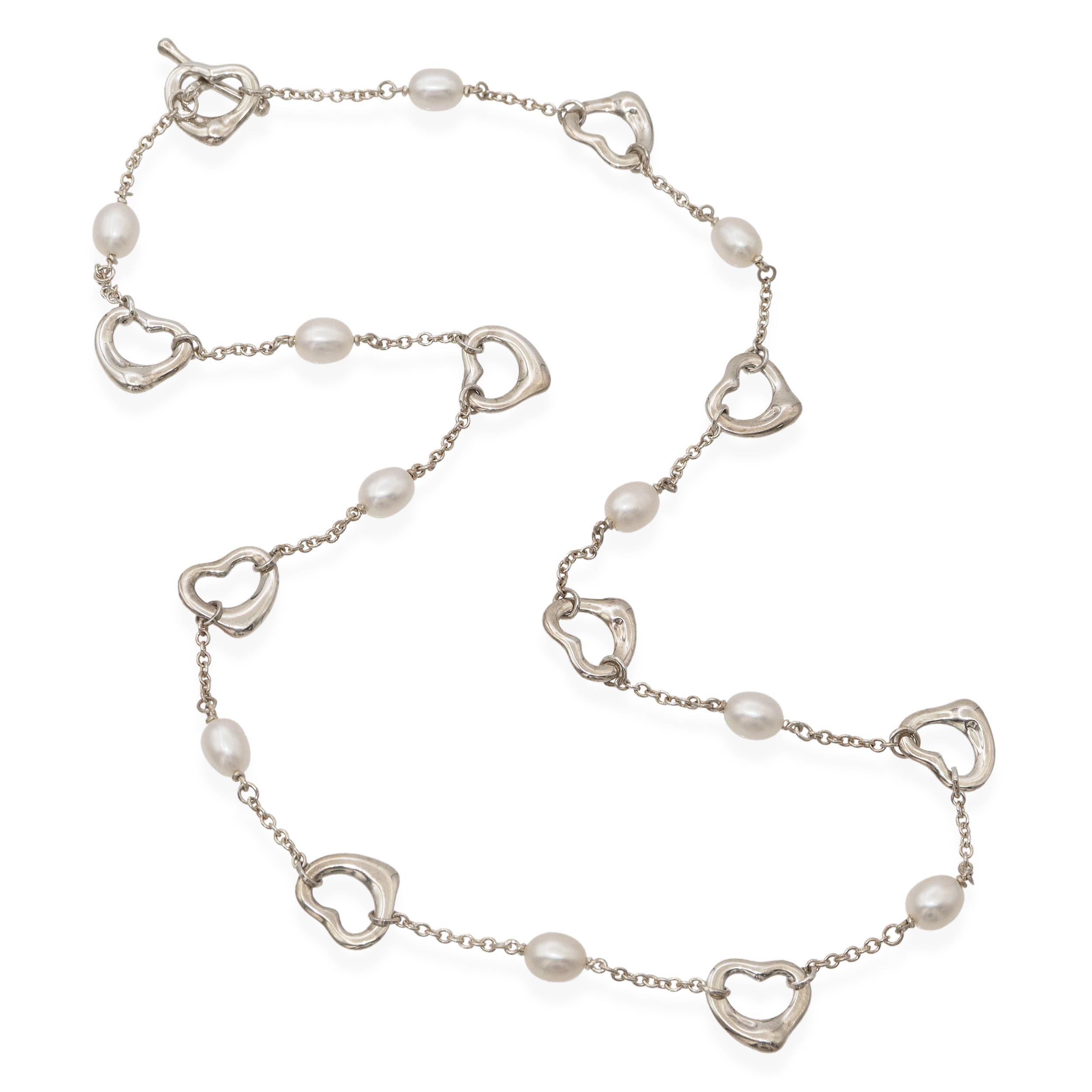 Tiffany & Co. Elsa Peretti Sterling Silver & Pearl Open Heart Necklace In Good Condition For Sale In New York, NY