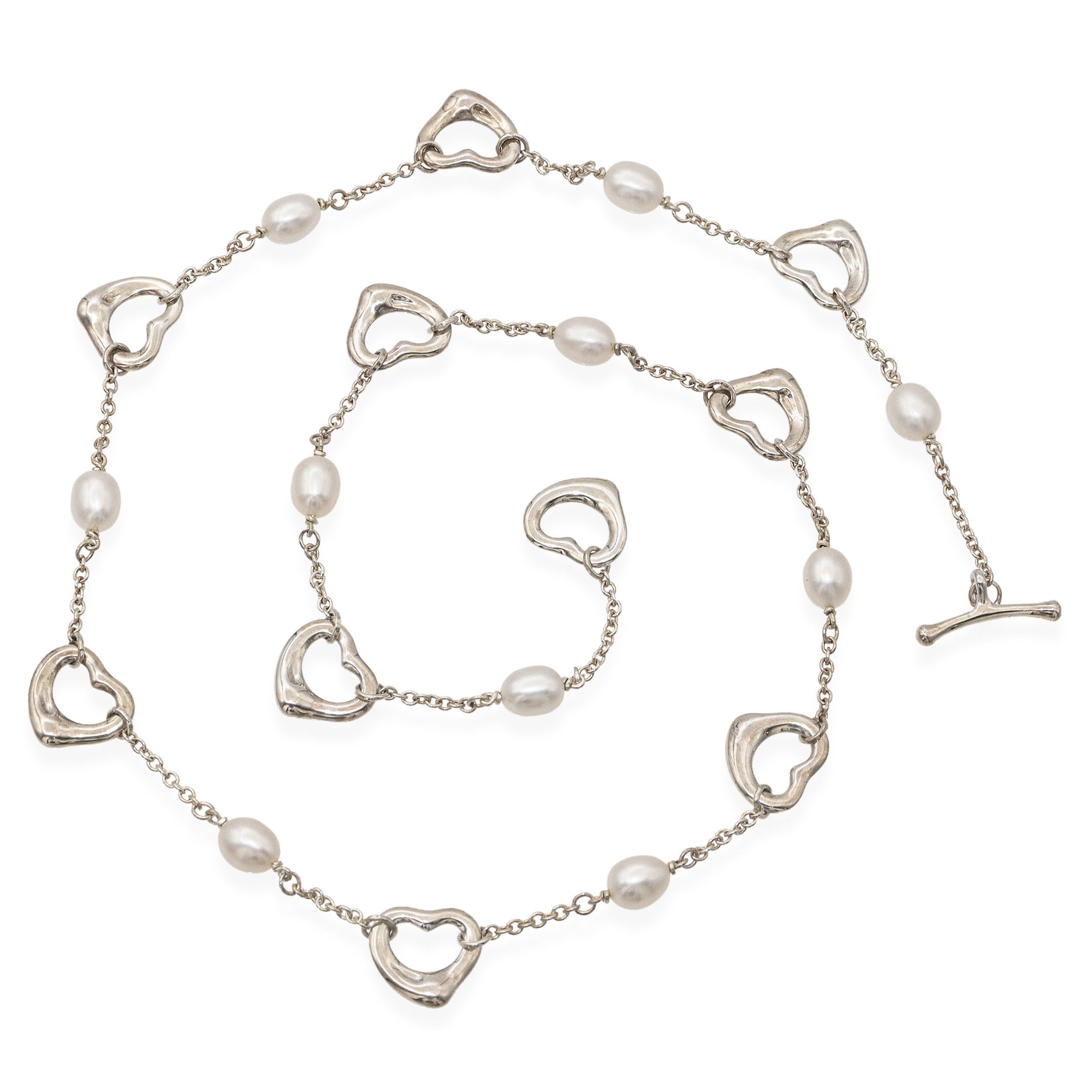 Women's Tiffany & Co. Elsa Peretti Sterling Silver & Pearl Open Heart Necklace For Sale