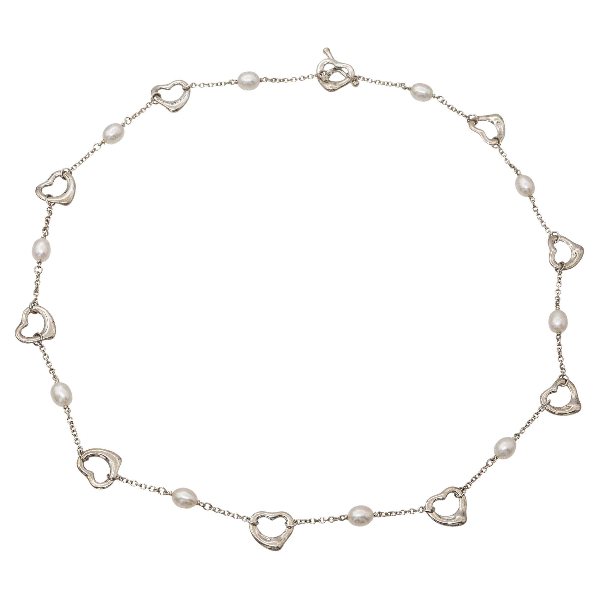 Tiffany & Co. Elsa Peretti Sterling Silber & Perle Offenes Herz Halskette
