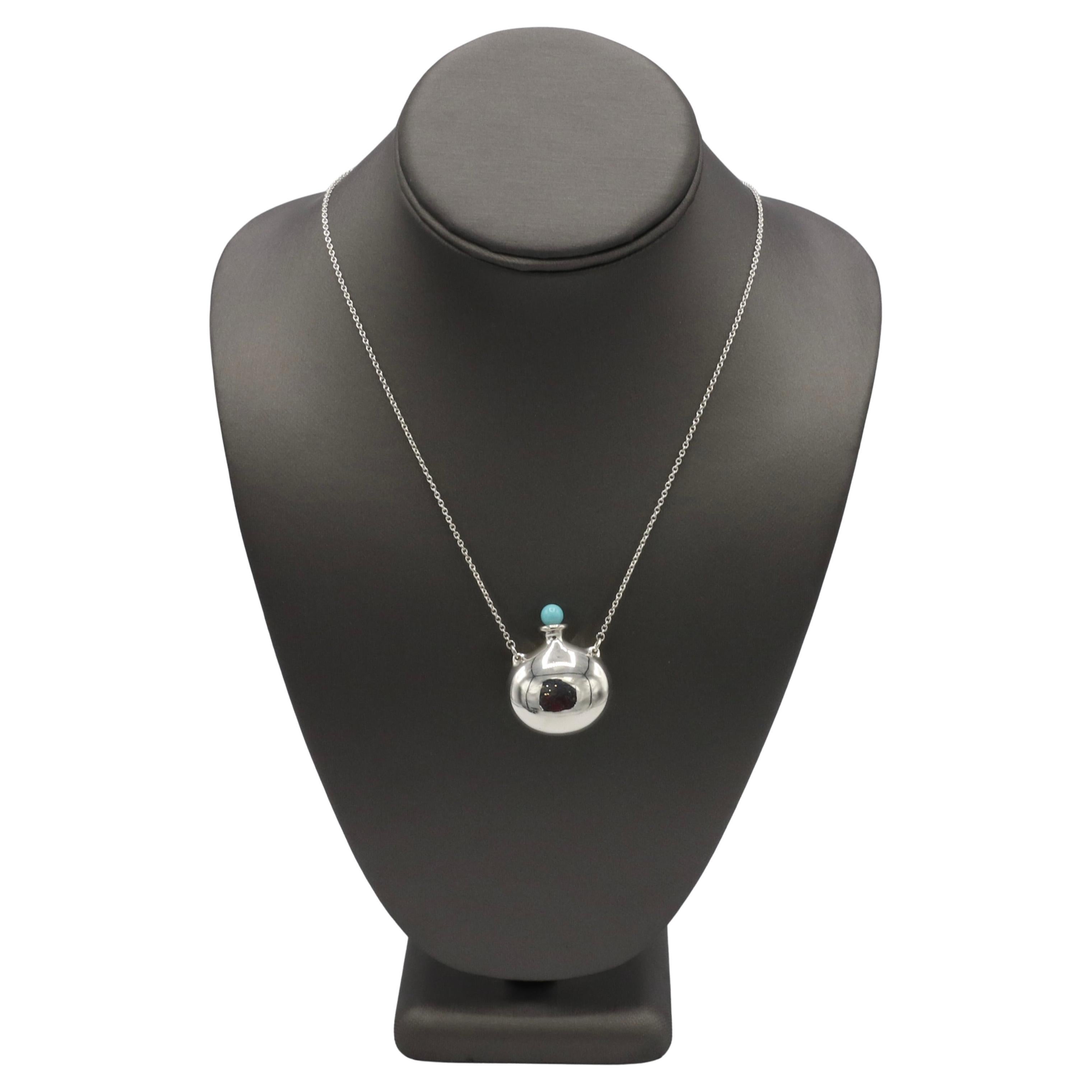 Modern Tiffany & Co. Elsa Peretti Sterling Silver Turquoise Bottle Pendant Necklace