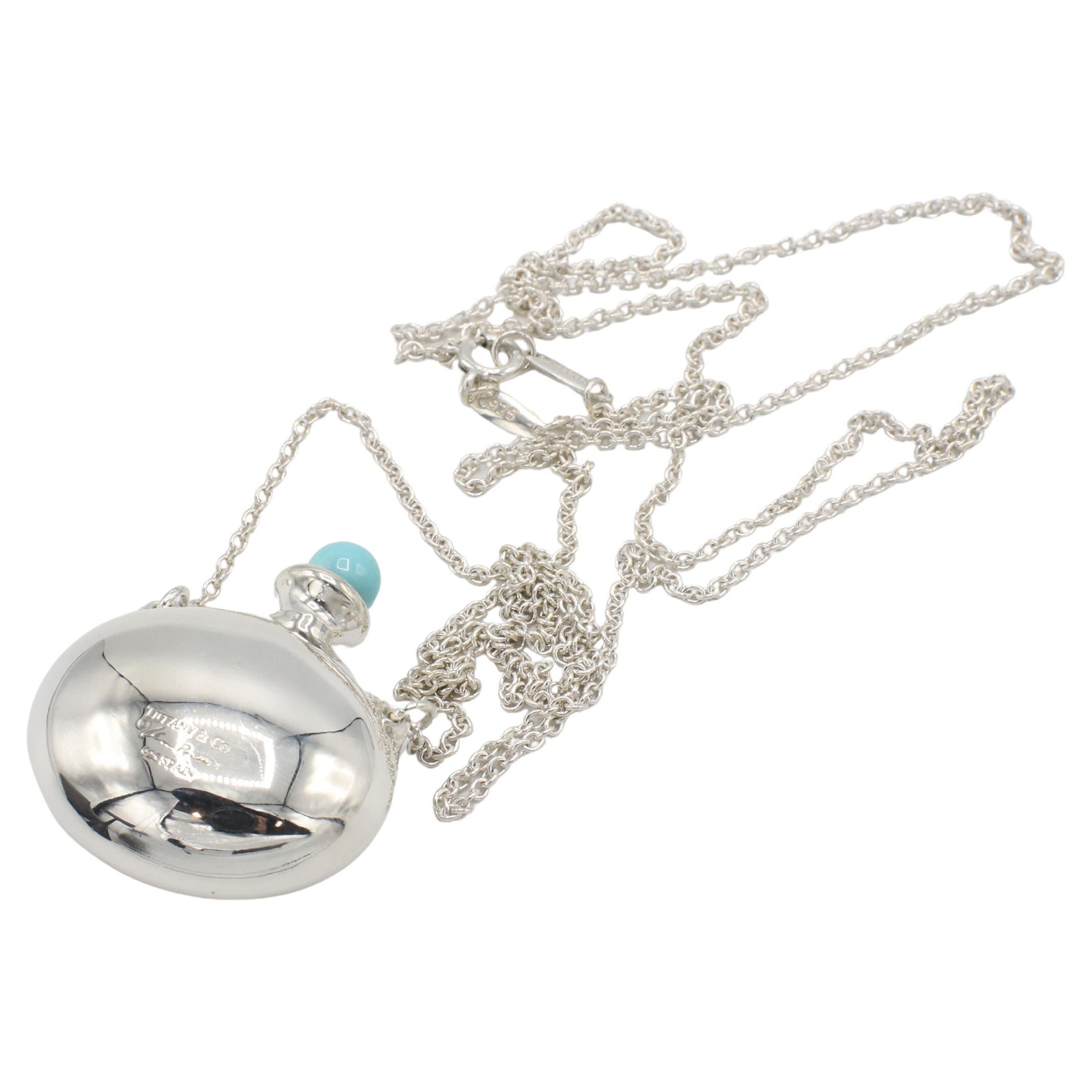 Tiffany & Co. Elsa Peretti Sterling Silver Turquoise Bottle Pendant Necklace In Excellent Condition In  Baltimore, MD