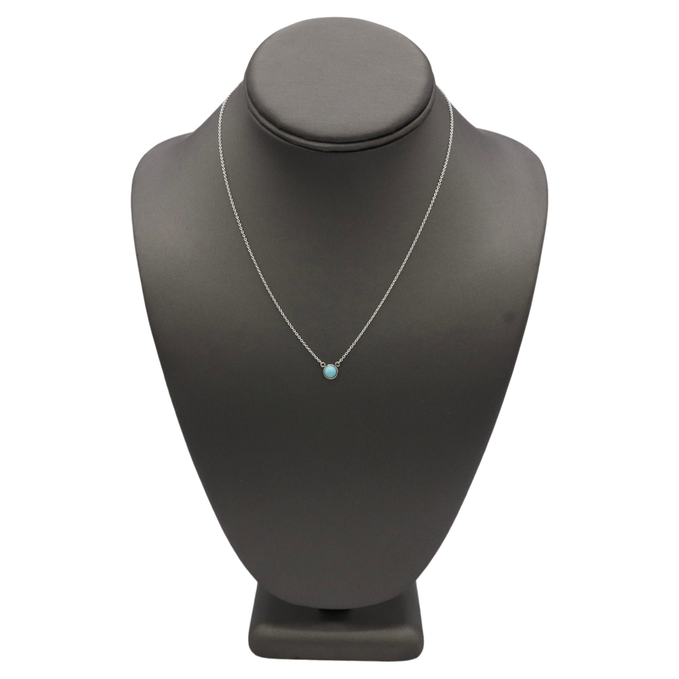 Tiffany & Co. Elsa Peretti Color By the Yard Sterling Silver Turquoise Pendant Drop Necklace
Metal: Sterling silver 925
Turquoise: 5mm
Chain: 16 inches
Weight: 2.3 grams
Signed: Tiffany & Co. Peretti SPAIN 925
Retail: $500 USD


