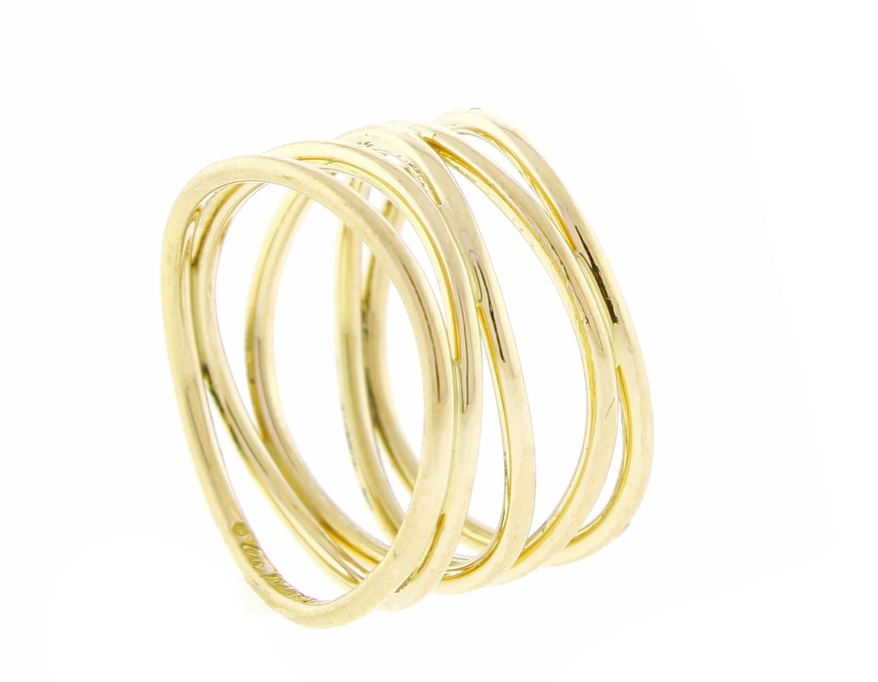 Inspired by Elsa Peretti’s love of the natural world, the Wave collection recalls the fluid lines of the undulating sea. Elegant rows of 18k gold make a modern style statement in this five-row ring.

18 karat gold
Size 5 ½
