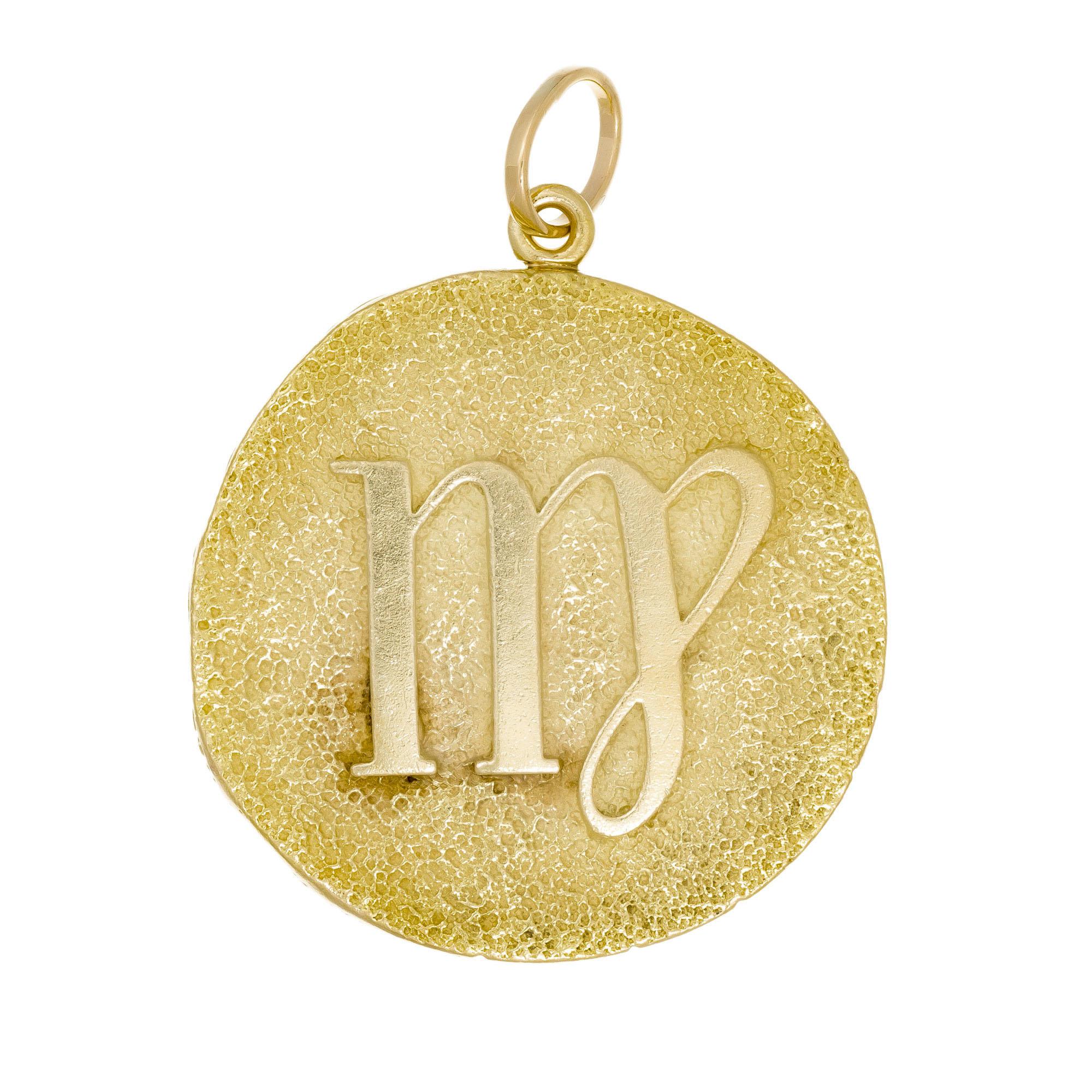 Elsa Peretti virgo large solid 18k yellow gold Virgo pendant. Marked NY on the back. Made for Tiffany & Co. NY in the 1970’s 

18k yellow gold 
Stamped: 18k
Hallmark: Tiffany Italy 
50 grams
Top to bottom: 49.7mm or 2 Inches
Width: 44.5mm or 1 ¾