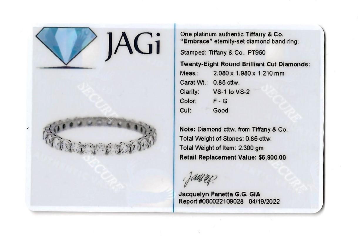 Tiffany & Co. Anneau d'éternité en platine avec diamants de 0,85 carat au total, Embrace Full Eternity 7