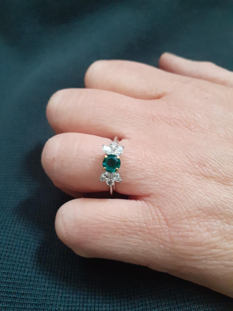 Round Cut Tiffany & Co. Emerald and Diamond Three Stone Engagement Ring