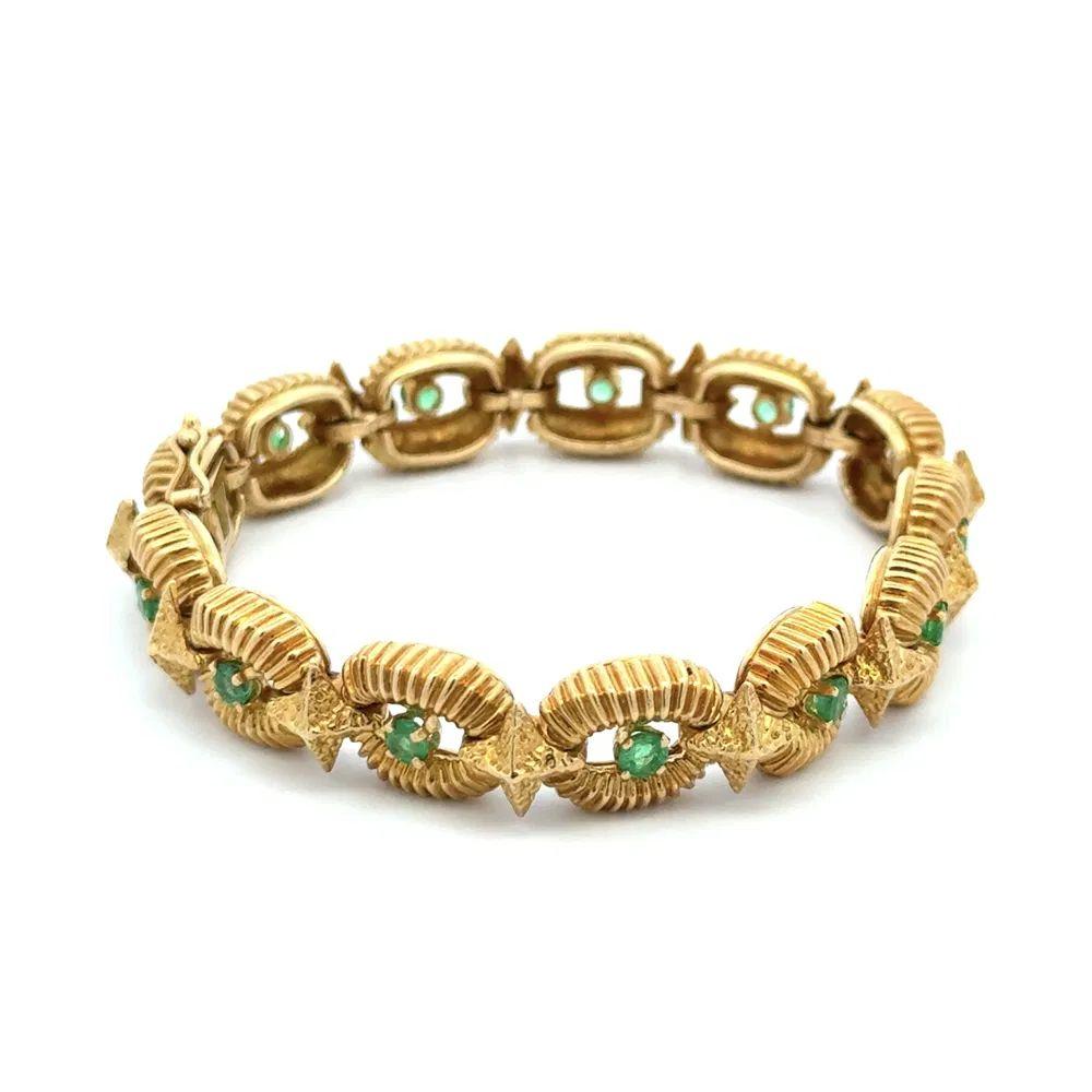 Taille ronde A Link Link & Co. Emeraude et or cannelé Bracelet Vintage en vente