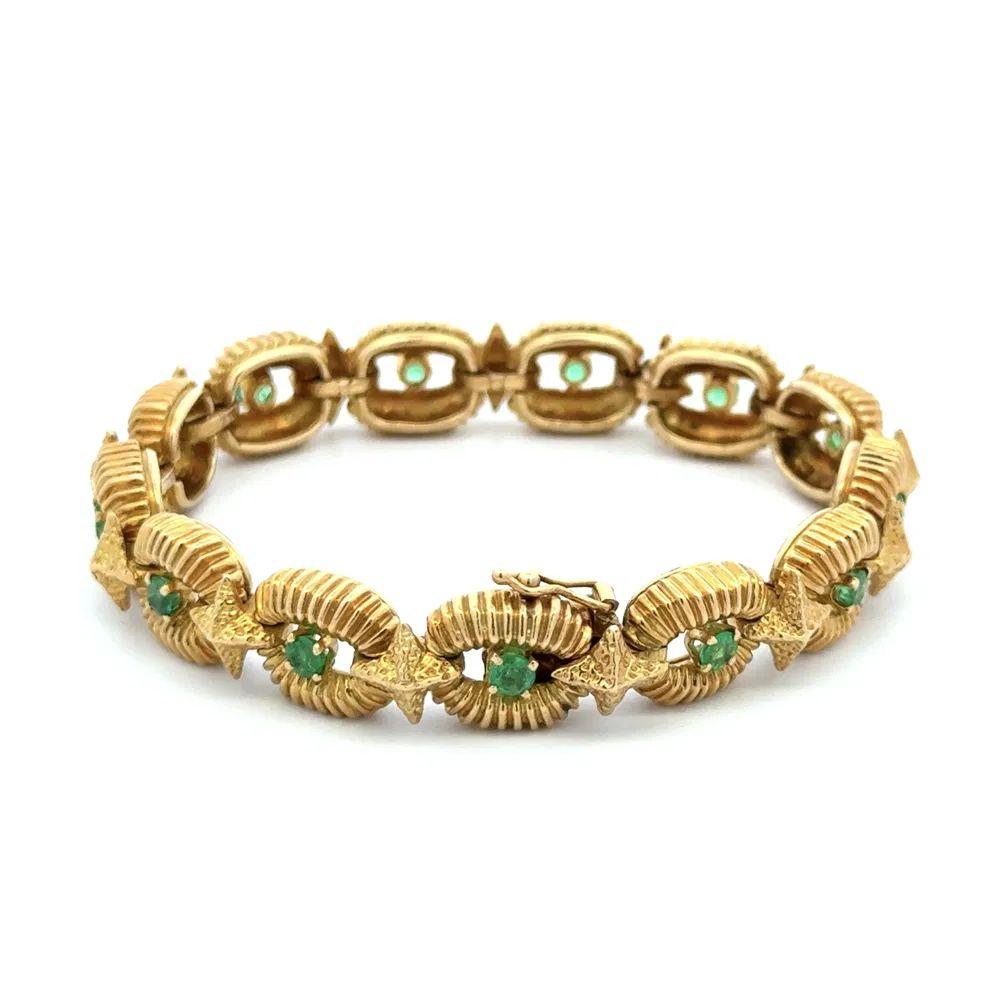 A Link Link & Co. Emeraude et or cannelé Bracelet Vintage Excellent état - En vente à Montreal, QC