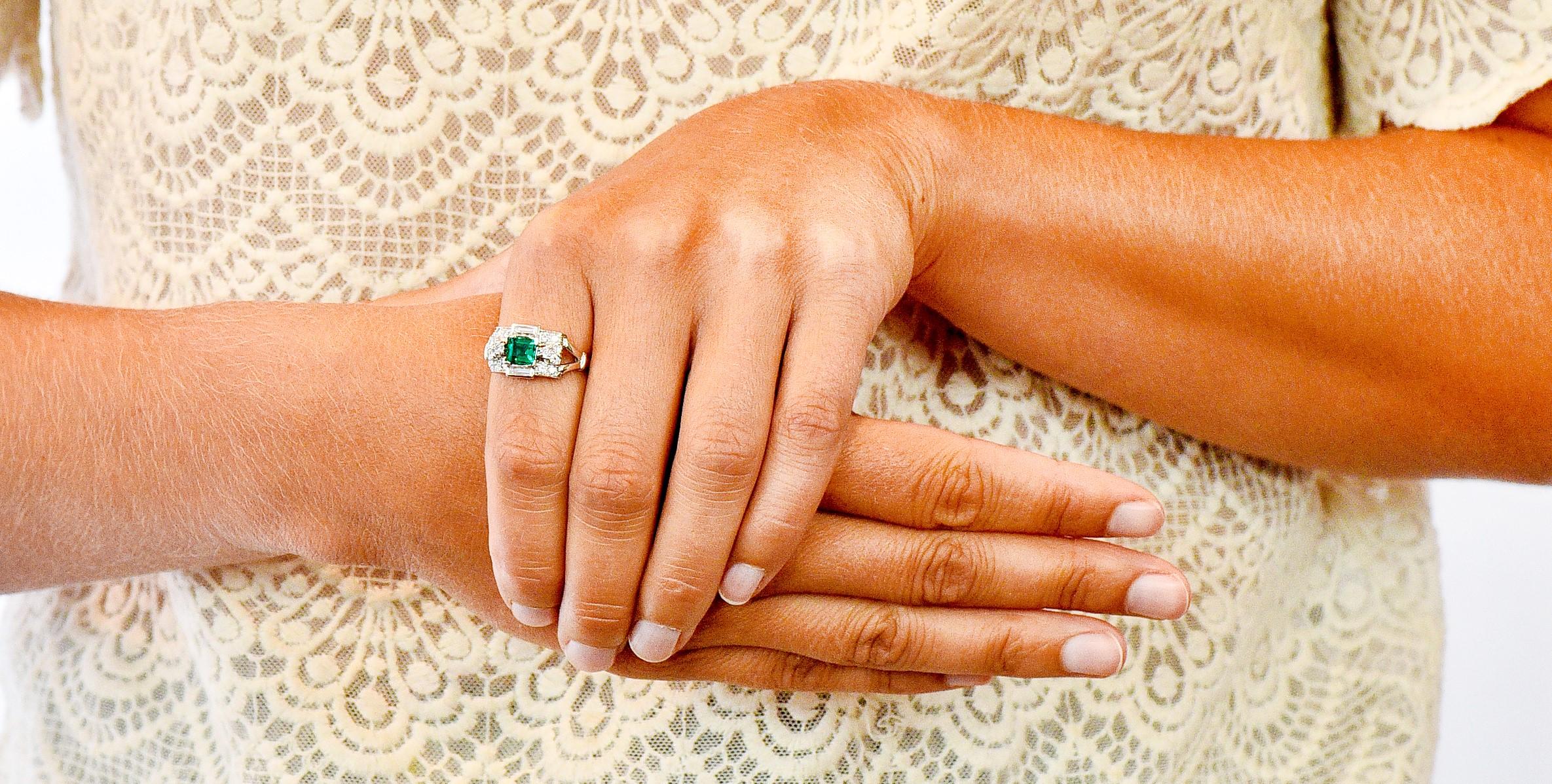 Tiffany & Co. Emerald Baguette Brilliant Diamond Platinum Ring, circa 1950 6