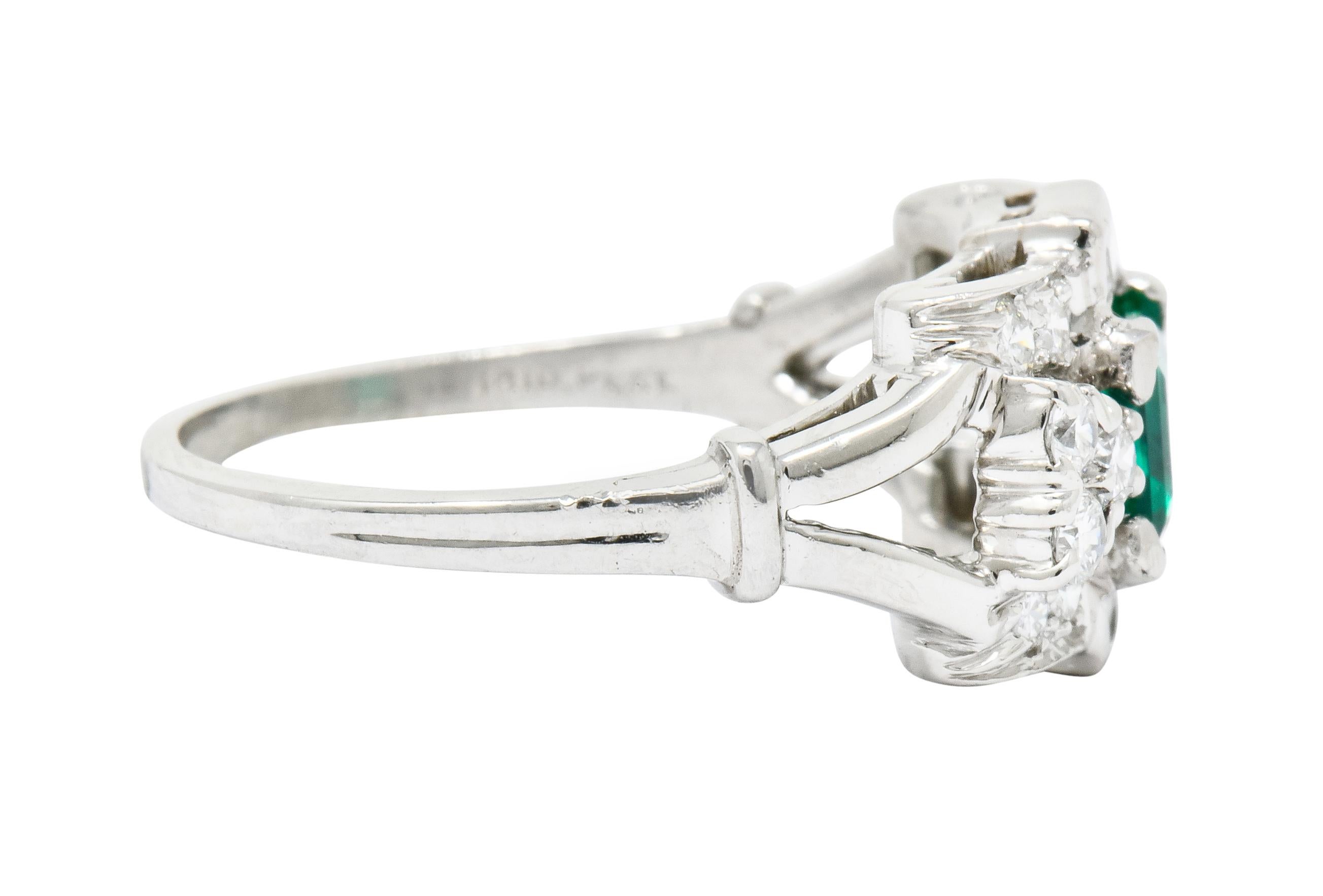 Retro Tiffany & Co. Emerald Baguette Brilliant Diamond Platinum Ring, circa 1950