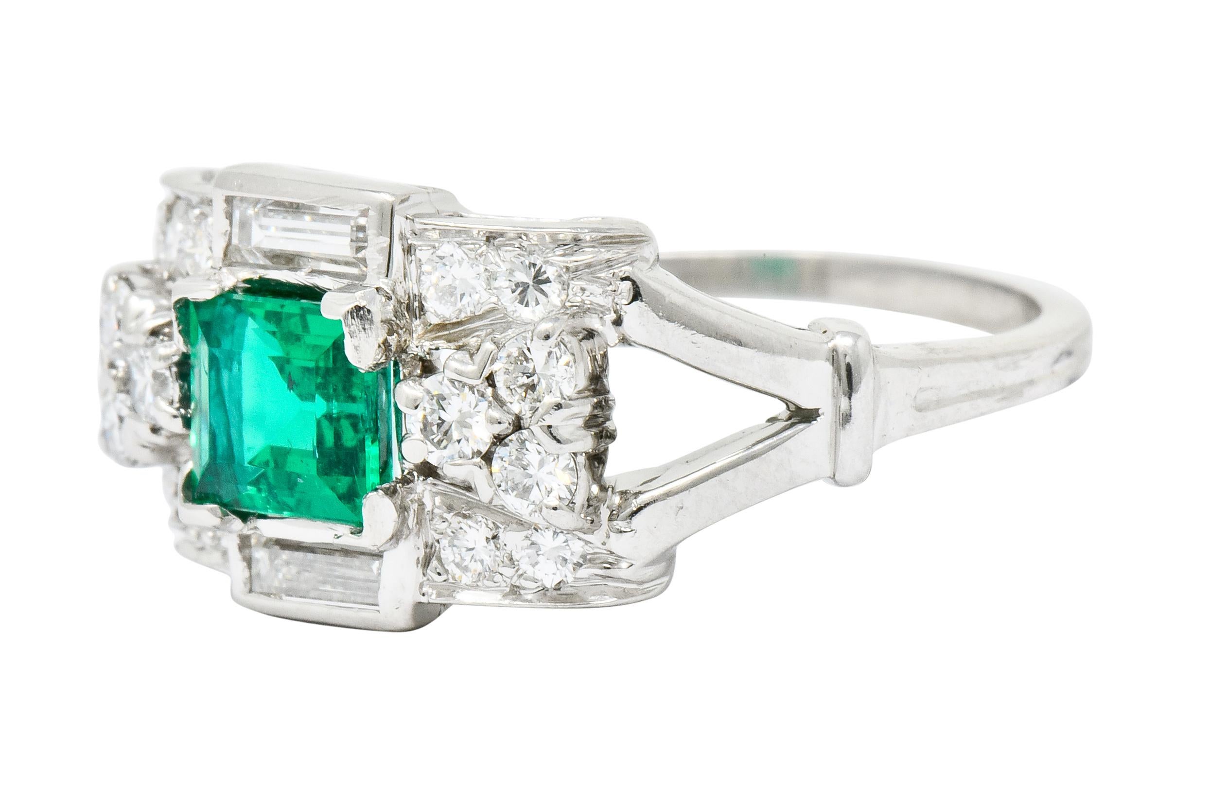 Tiffany & Co. Emerald Baguette Brilliant Diamond Platinum Ring, circa 1950 In Excellent Condition In Philadelphia, PA