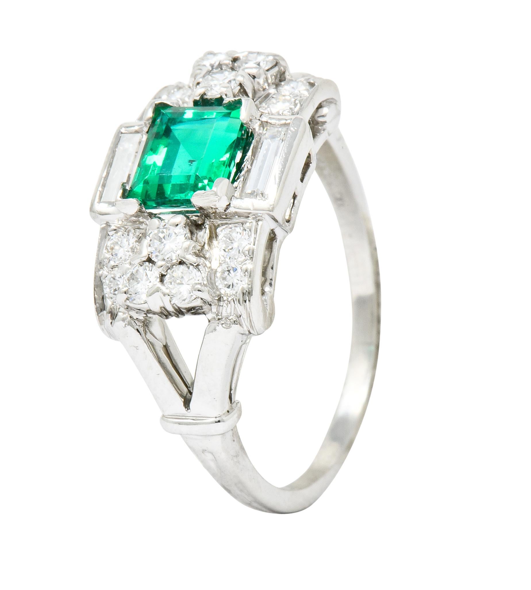 Tiffany & Co. Emerald Baguette Brilliant Diamond Platinum Ring, circa 1950 3