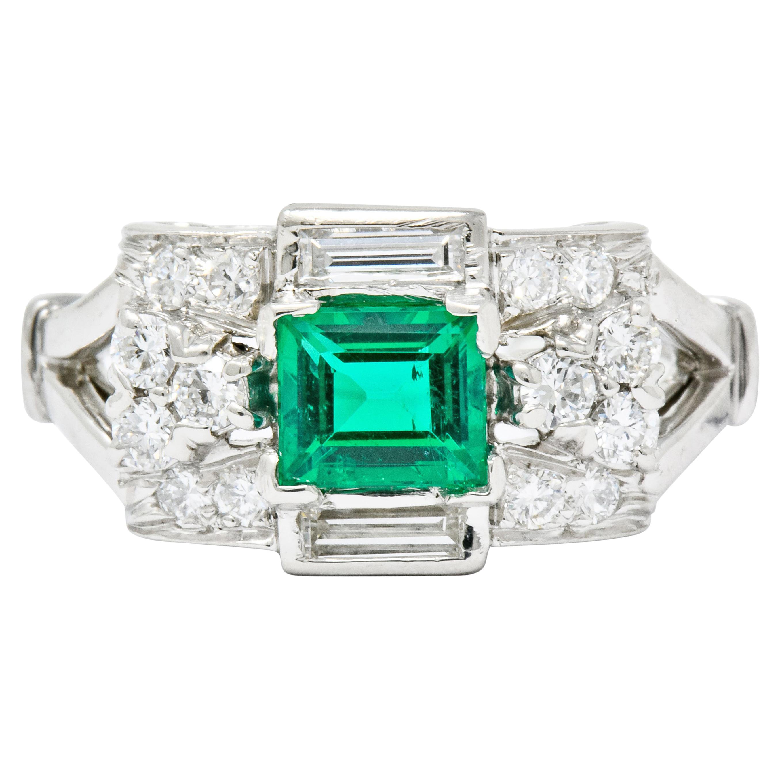 Tiffany & Co. Emerald Baguette Brilliant Diamond Platinum Ring, circa 1950