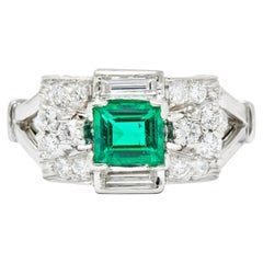 Vintage Tiffany & Co. Emerald Baguette Brilliant Diamond Platinum Ring, circa 1950