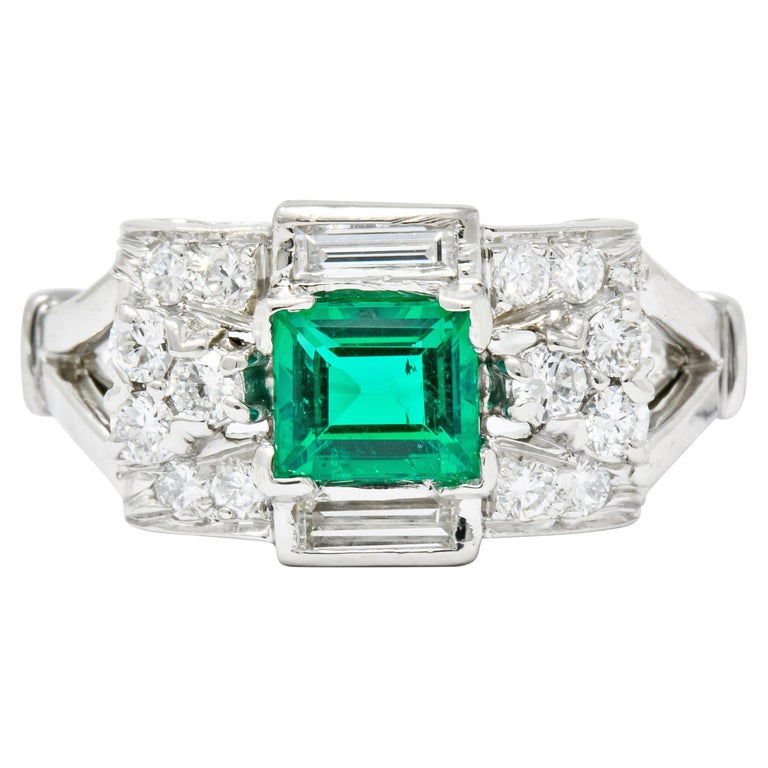 Tiffany and Co. Emerald Baguette Brilliant Diamond Platinum Ring, circa ...