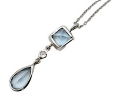 Tiffany & Co. Emerald Cut Aquamarine and Diamond Pendant Necklace in White Gold