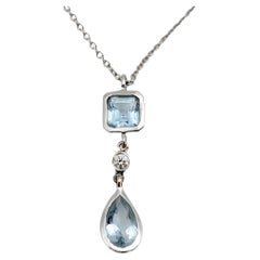 Tiffany & Co. Emerald Cut Aquamarine and Diamond Pendant Necklace in White Gold