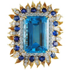 Tiffany & Co. Henry Ford Emerald-Cut Aquamarine Diamond Sapphire Brooch