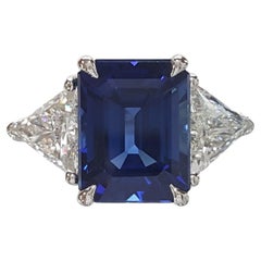Tiffany & Co. Emerald Cut Blue Sapphire Trillion Diamond Platinum Ring