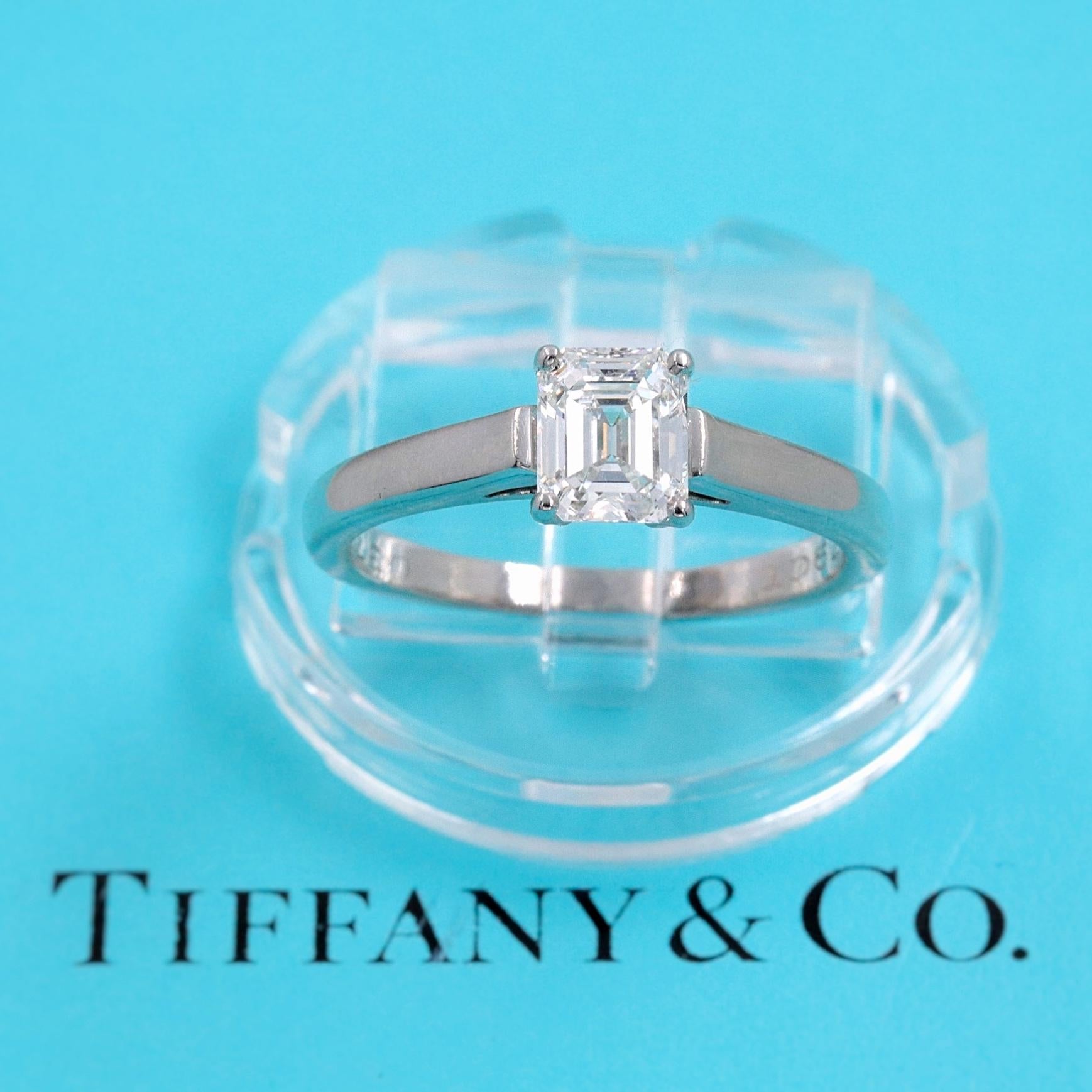 Emerald Cut Tiffany & Co. Emerald Diamond 0.79 Carat H VS1Solitaire Ring in Platinum