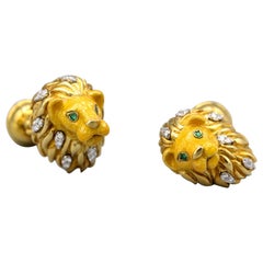 Tiffany & Co. Emerald Diamond and Enamel 18 Karat Gold Lion Cufflinks