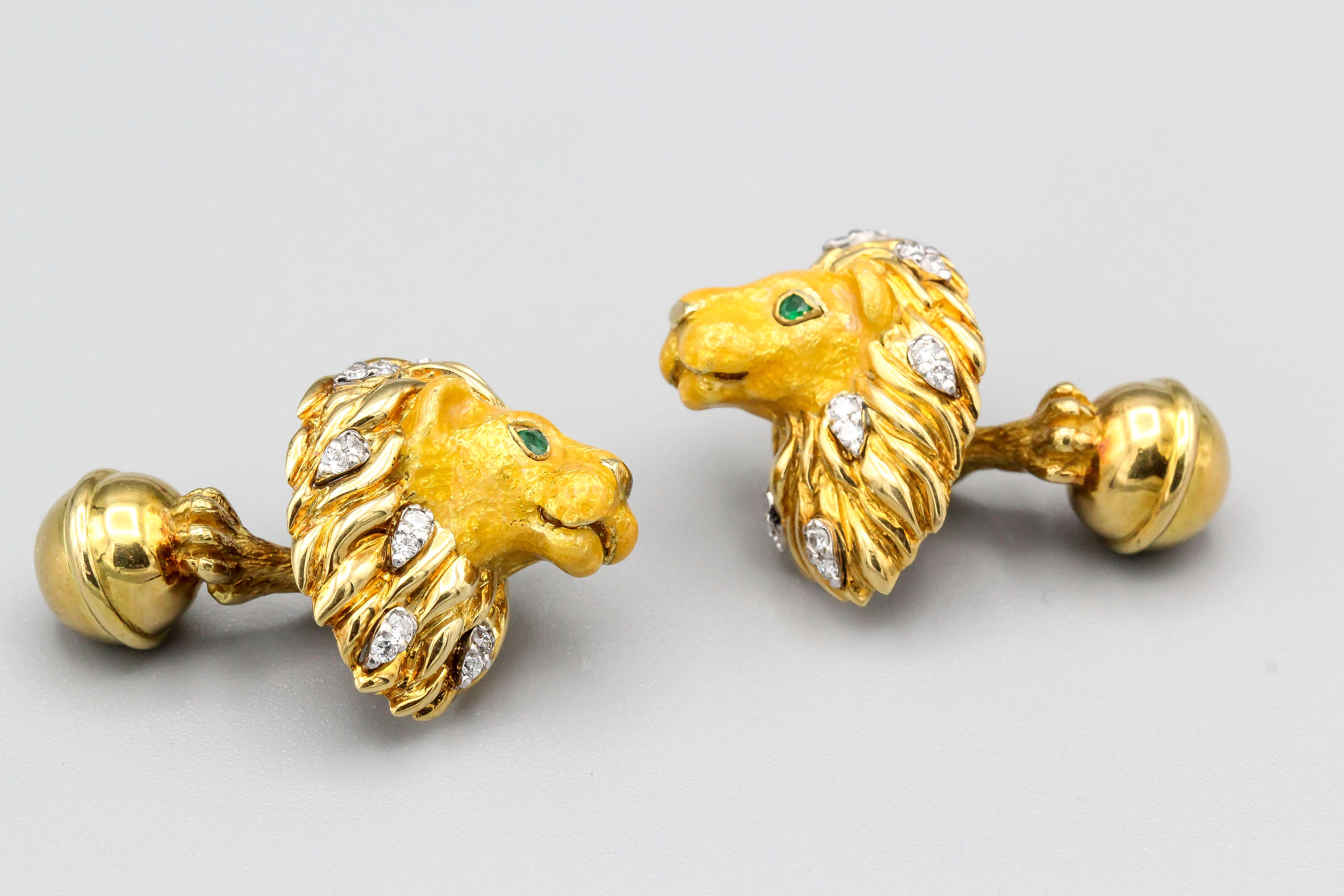 Contemporary Tiffany & Co. Emerald Diamond and Enamel 18 Karat Gold Lion Cufflinks