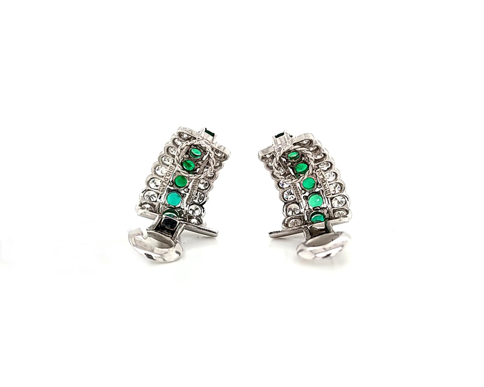 Beautiful ear clips created by Tiffany & Co.
The earrings are embellished with round emeralds and diamonds. 
Made in platinum. The weight is 9.23 grams.
Pre-owned, no signs of use, is in perfect condition.
Come with the original box.