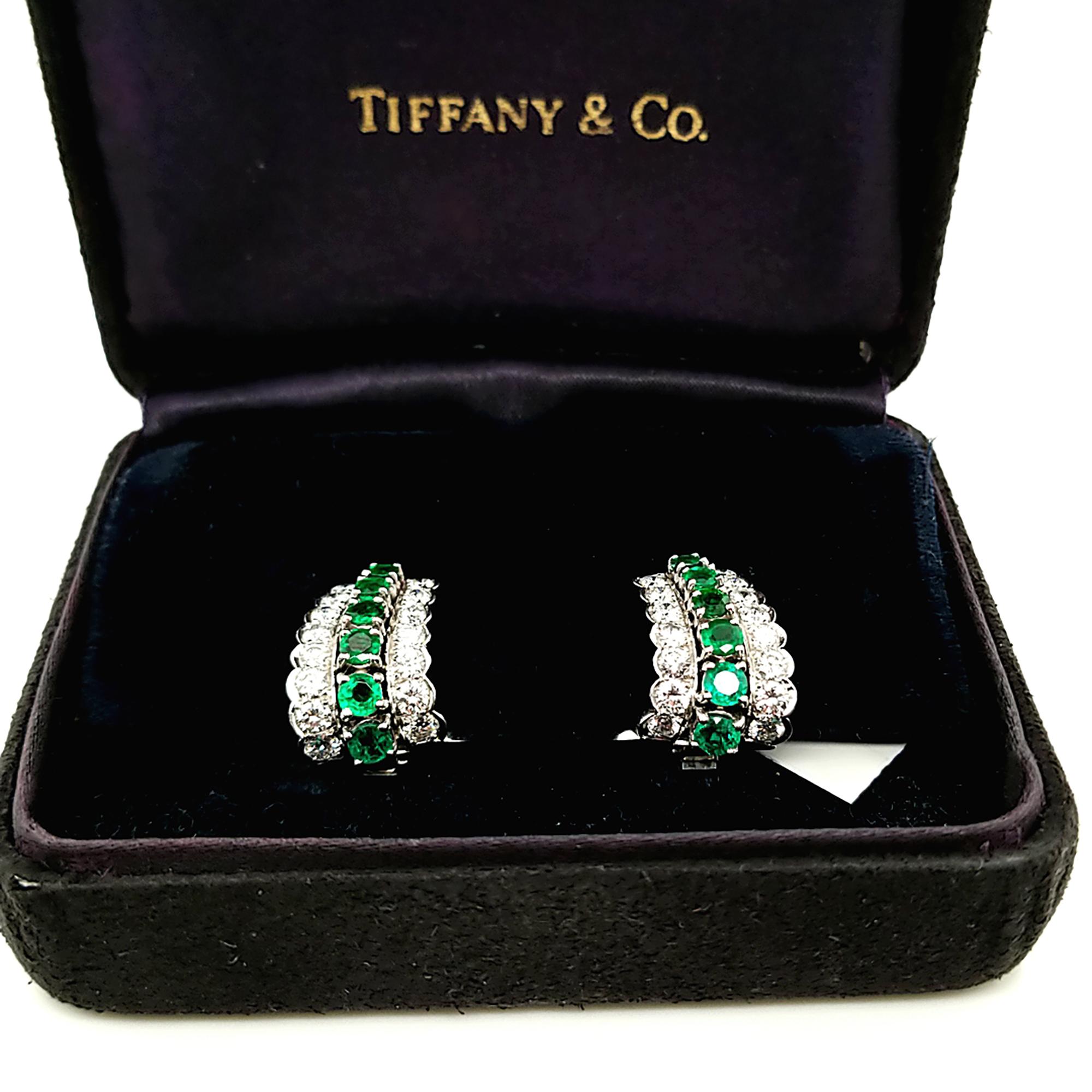 Round Cut Tiffany & Co. Emerald Diamond Ear Clips in Platinum