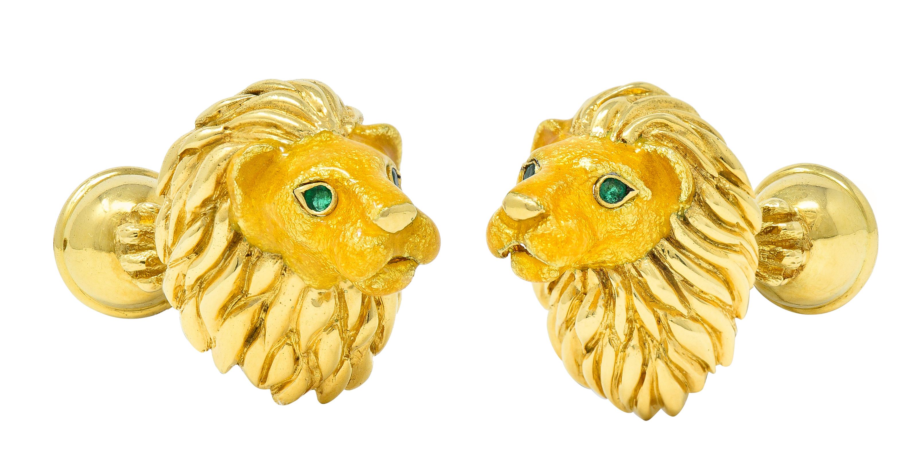 Tiffany & Co. Emerald Enamel 18 Karat Gold Lion Head Men's Cufflink Dress Set 2