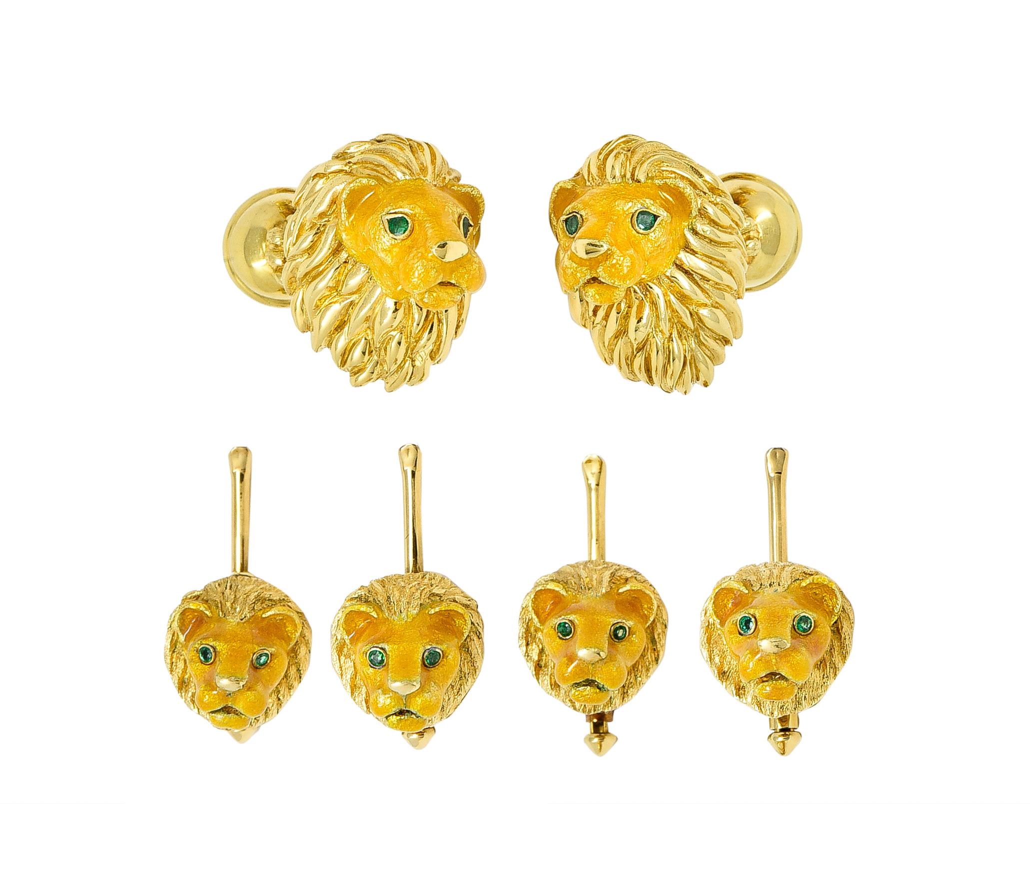 Tiffany & Co. Emerald Enamel 18 Karat Gold Lion Head Men's Cufflink Dress Set 5