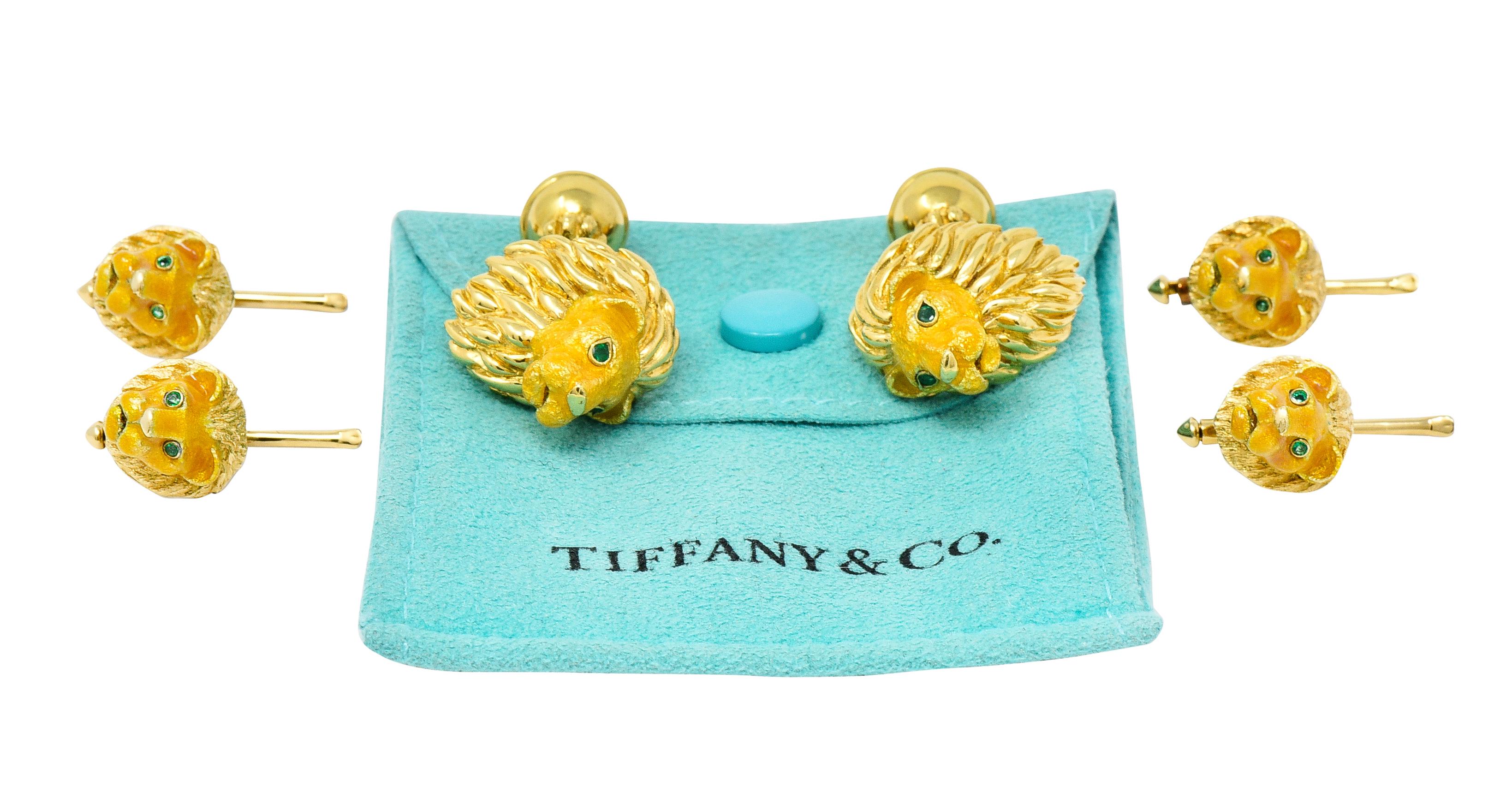 Matching set includes one full set of bar cufflinks and four studs terminating with stylized lion heads. Featuring deeply grooved high polish mane and textured fur covered in enamel.. Transparent and glossy orangey yellow in color - exhibiting