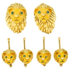 Tiffany & Co. Emerald Enamel 18 Karat Gold Lion Head Men's Cufflink Dress Set