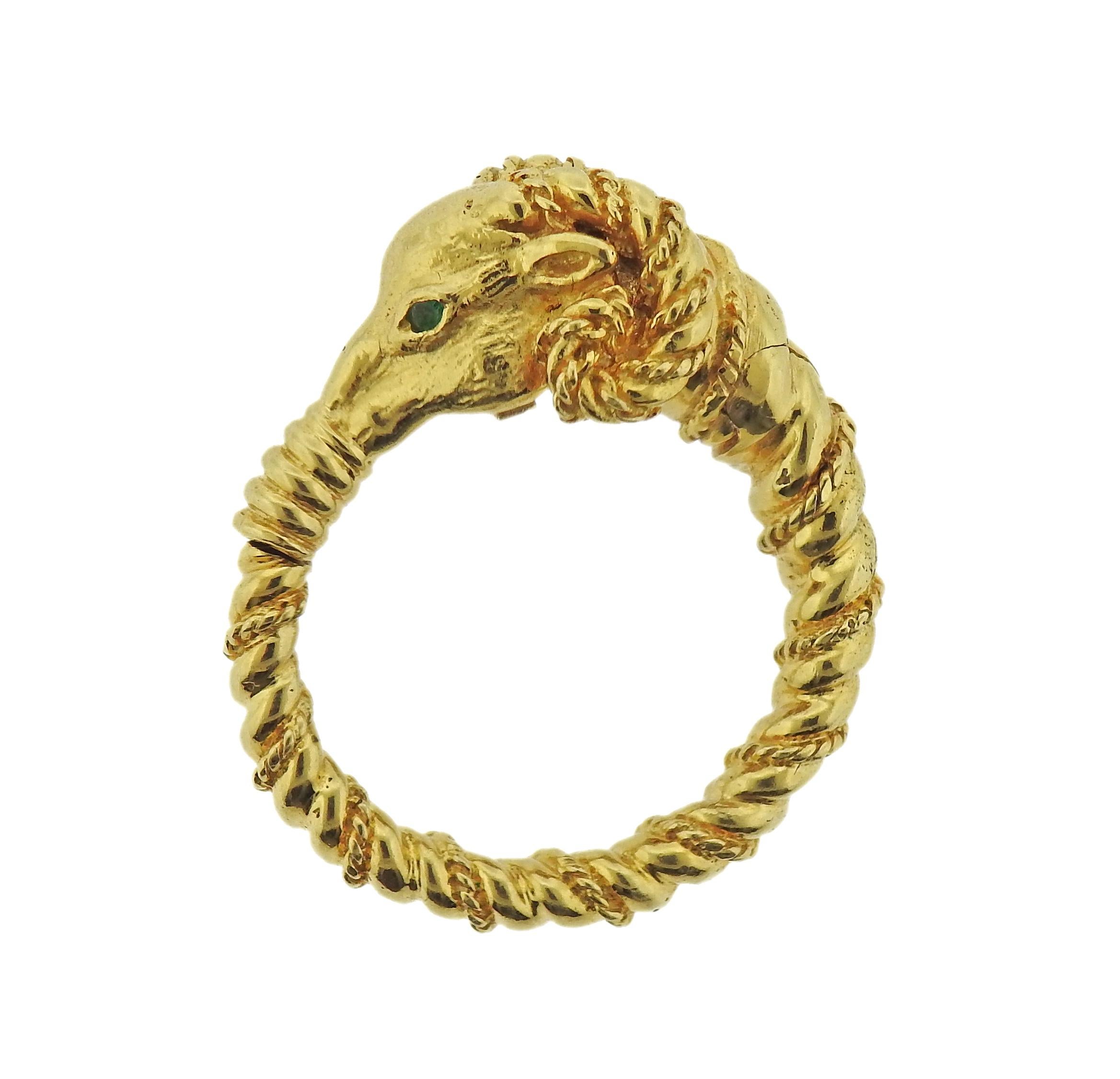 18k yellow gold ram's head ring by Tiffany & Co, with emerald eyes. Ring size - 10.5, ring top (head) is 15mm x 13mm. Marked: Tiffany 18k. Weight - 23.3 grams.