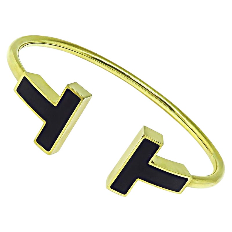 Tiffany & Co Enamel 18k Yellow Gold T Square Wire Bangle For Sale