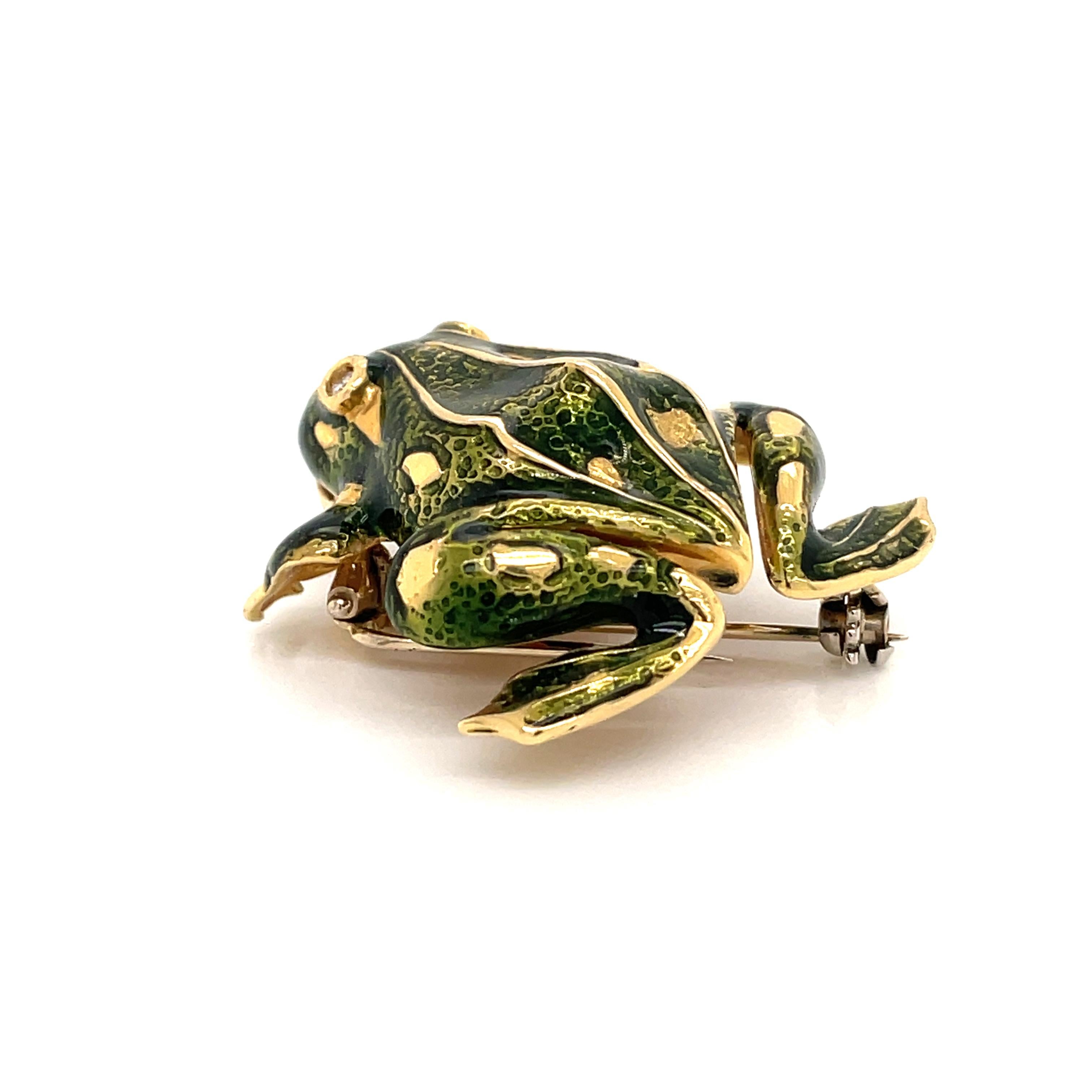Round Cut Tiffany & Co. Enamel and Diamond Frog Pendant / Brooch, 18 Karat Gold