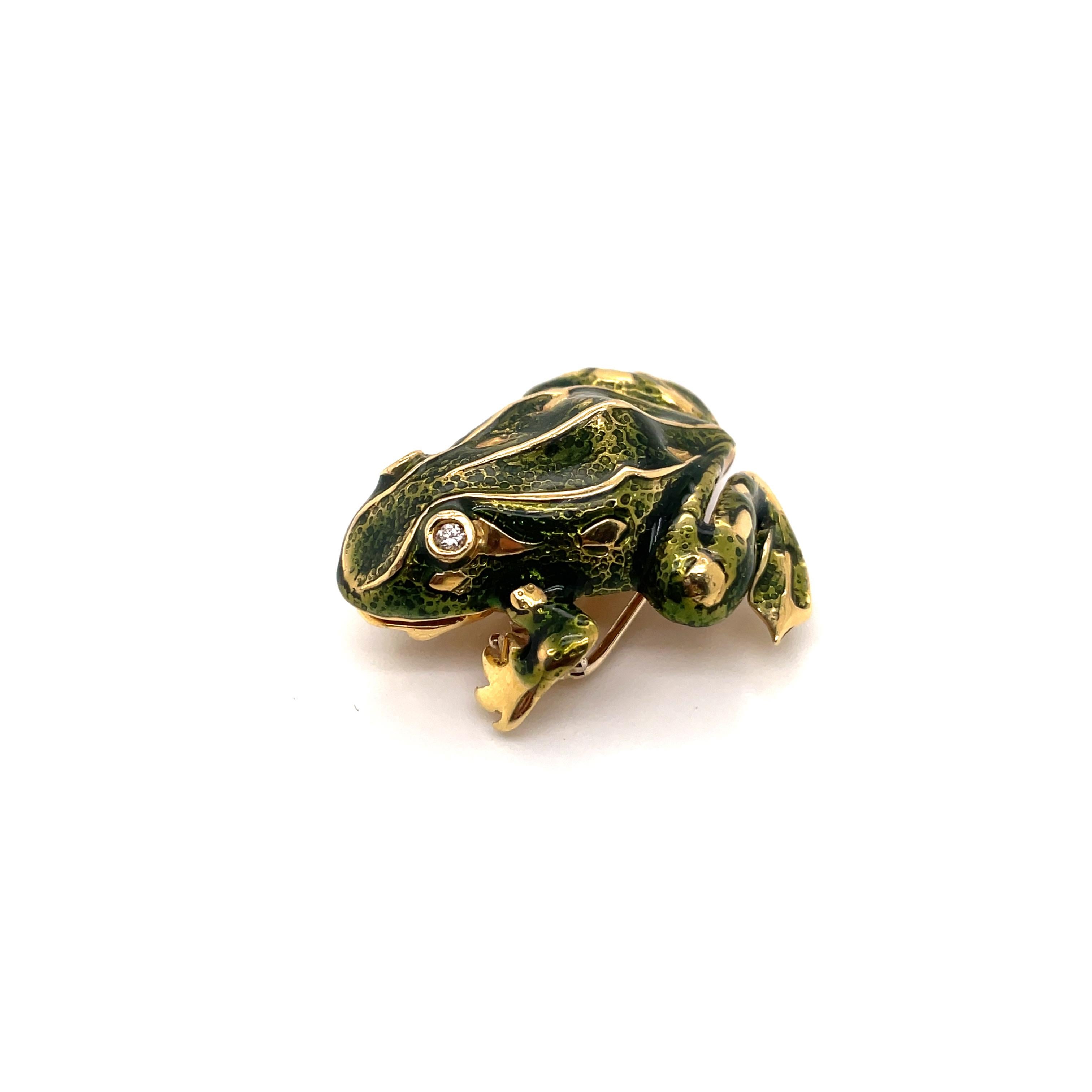Contemporary Tiffany & Co. Enamel and Diamond Frog Pendant / Brooch, 18 Karat Gold For Sale