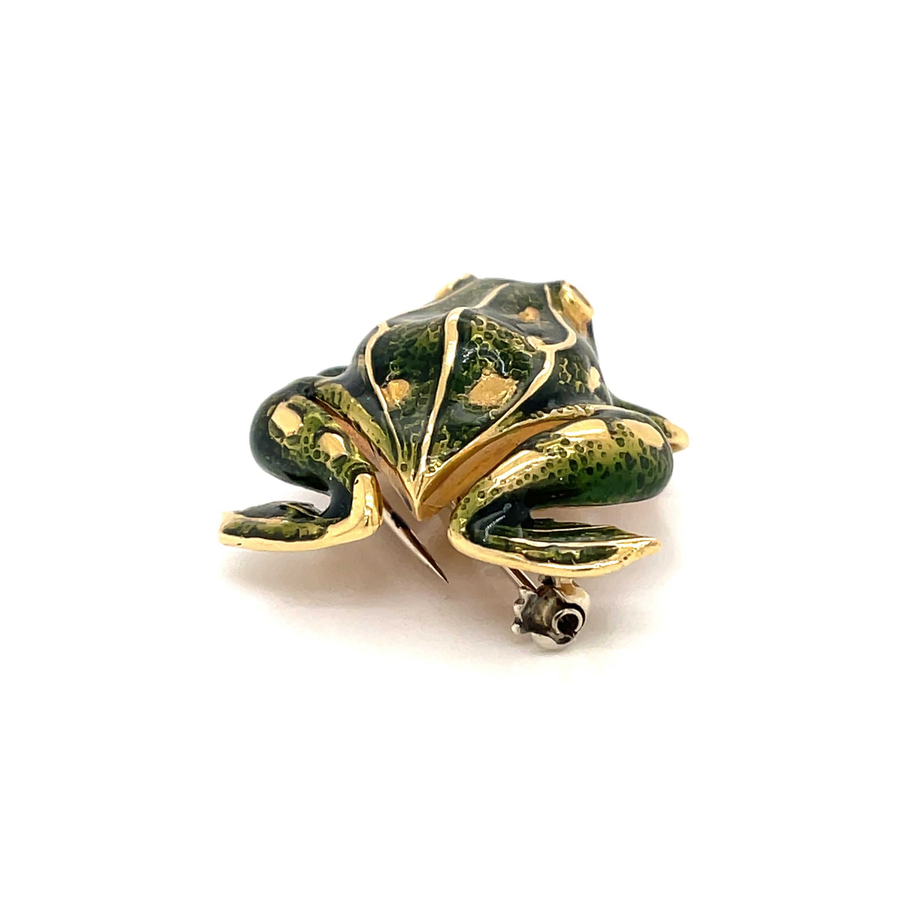 Round Cut Tiffany & Co. Enamel and Diamond Frog Pendant / Brooch, 18 Karat Gold For Sale