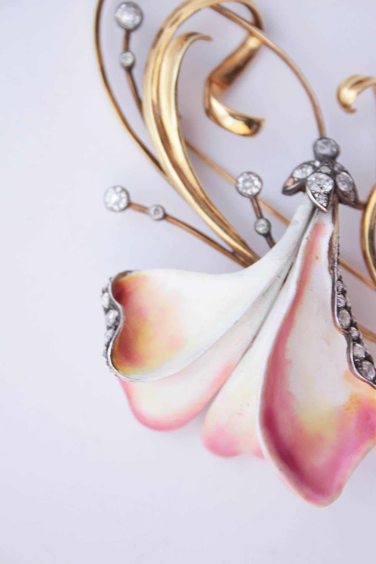 Old European Cut Tiffany & Co. Enamel Diamond Gold Art Nouveau Brooch For Sale