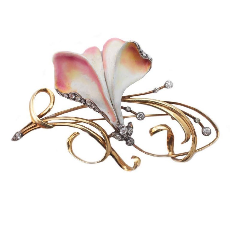 Tiffany and Co. Enamel Diamond Gold Art Nouveau Brooch For Sale at 1stDibs