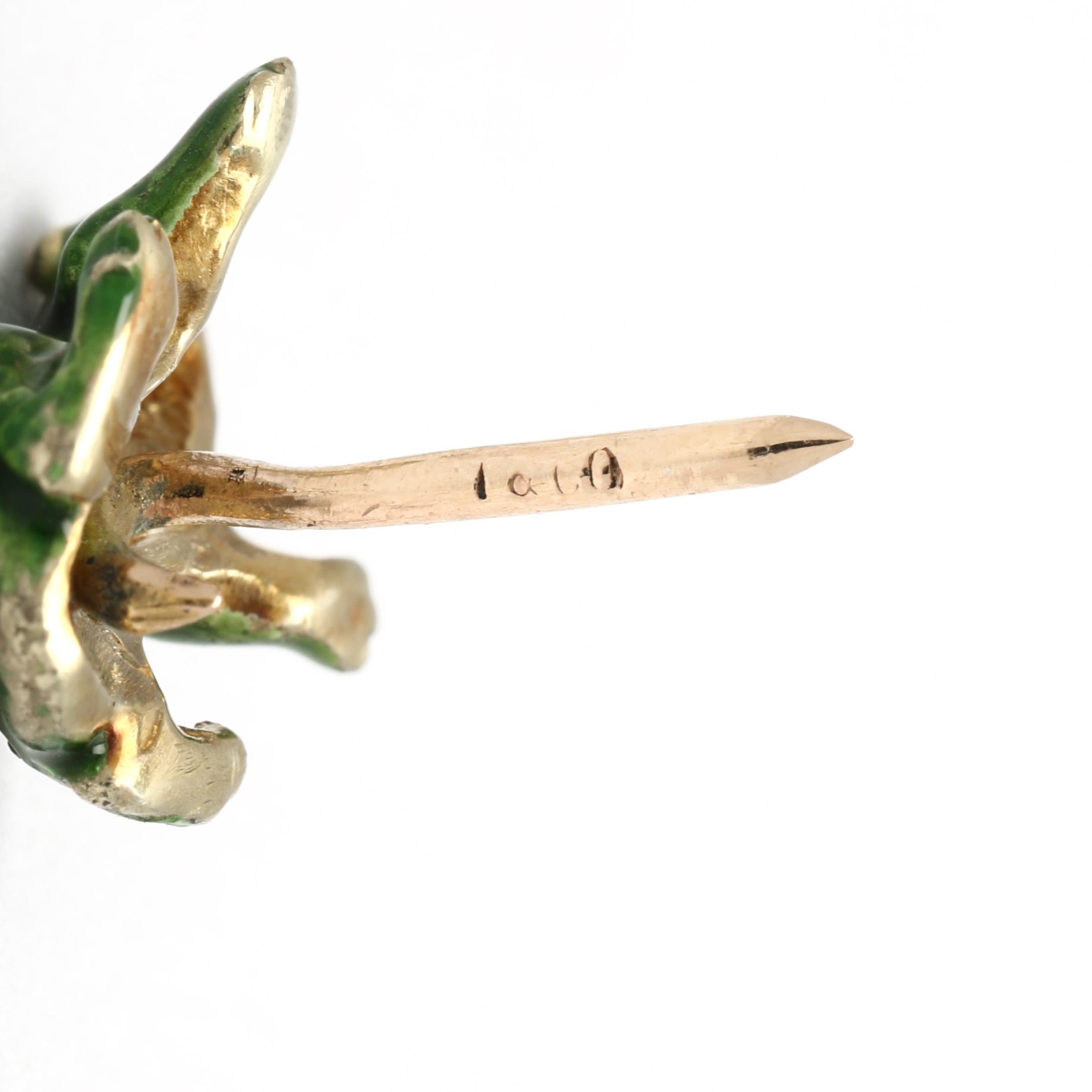 Women's or Men's Tiffany & Co Enamel Frog Lapel Pin, 14k Yellow Gold, Length 12.9 mm