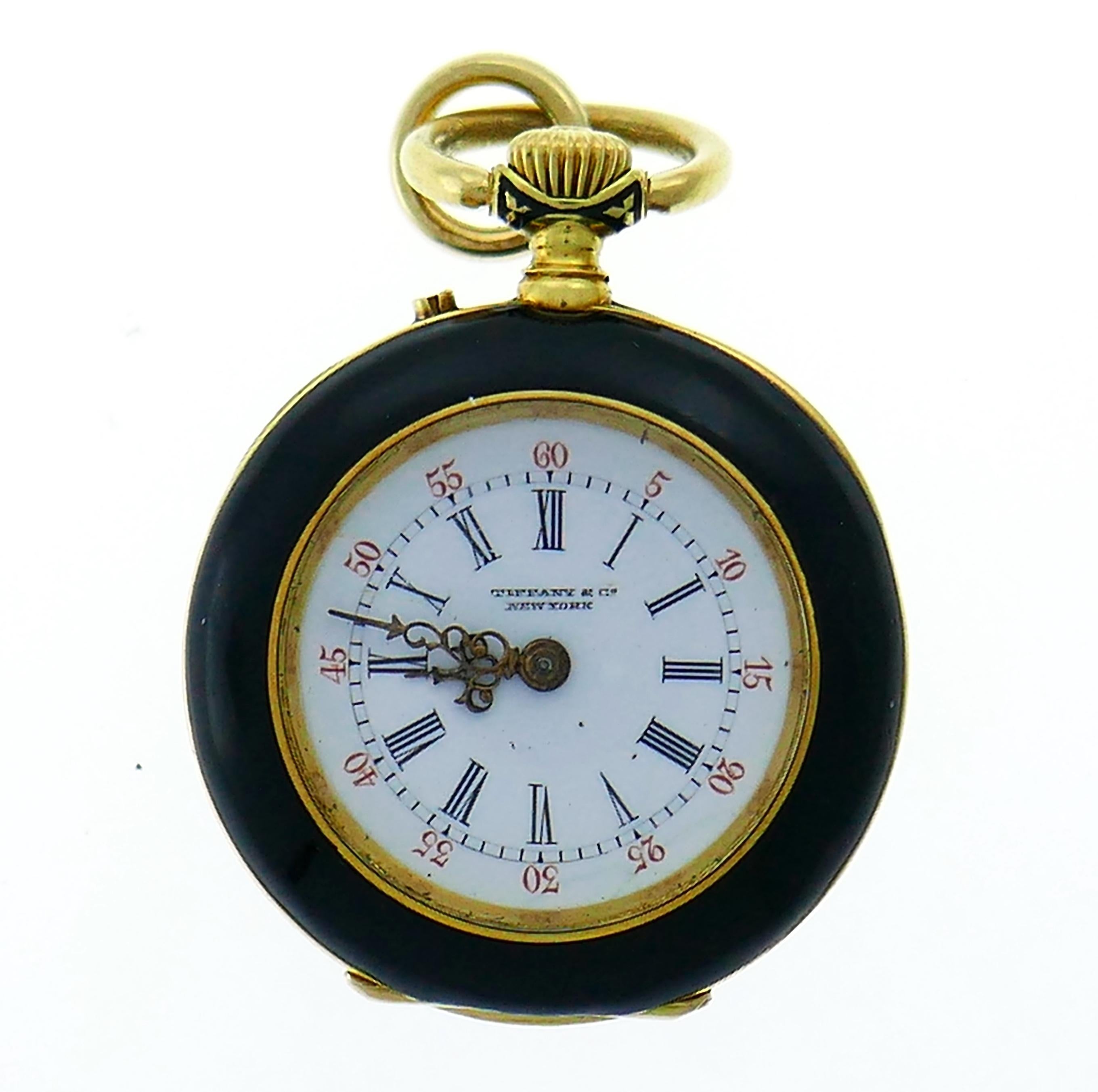 Rare Tiffany & Co. pocket watch that would be definitely a conversational piece. It was created in in the end of 1880s - beginning of 1890s. Made of 18 karat (stamped) yellow gold, black enamel and set with an approximately 1.20-carat round faceted