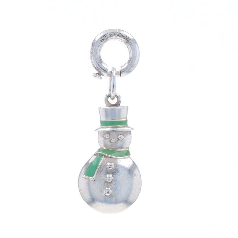 Brand: Tiffany & Co.

Metal Content: Sterling Silver

Material Information
Enamel
Color: Green

Fastening Type: Spring Ring Clasp
Theme: Snowman, Winter Holiday

Measurements
Tall (from stationary bail): 31/32
