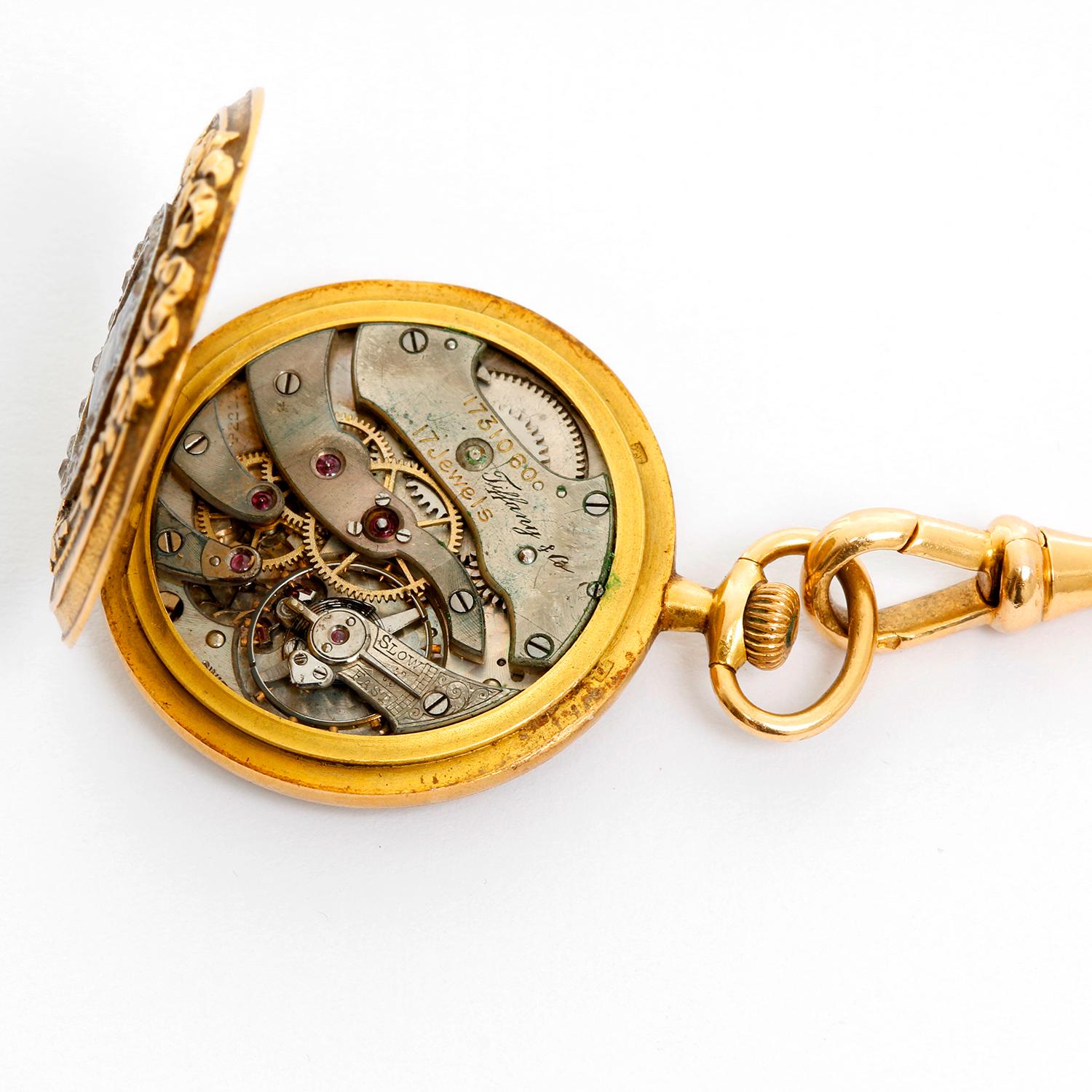 Tiffany & Co. Enameled 14 Karat Yellow Gold Pocket Watch Brooch In Excellent Condition In Dallas, TX