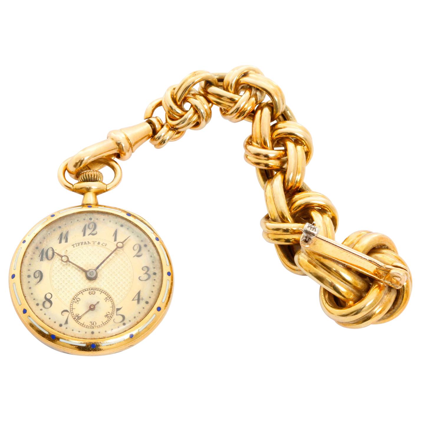 Tiffany & Co. Enameled 14 Karat Yellow Gold Pocket Watch Brooch